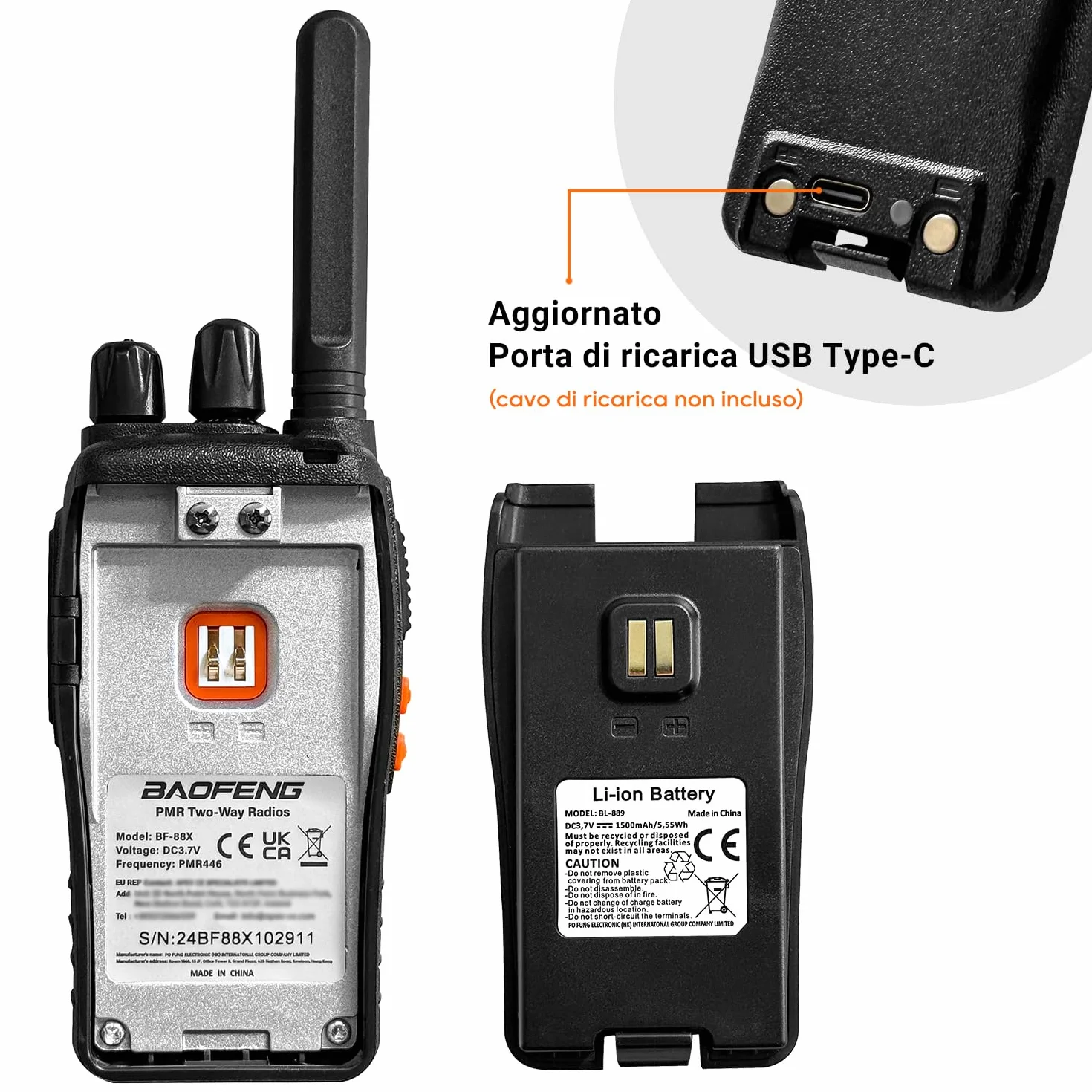 BF-88X Walkie Talkie PMR446 16 canali lunga portata con caricatore USB e auricolari