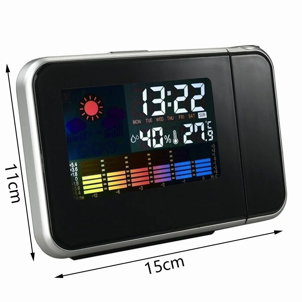 Sveglia a Proiezione con Display LED, Termometro Meteo, Schermo LCD, Funzione Snooze, Porta USB (Nero)