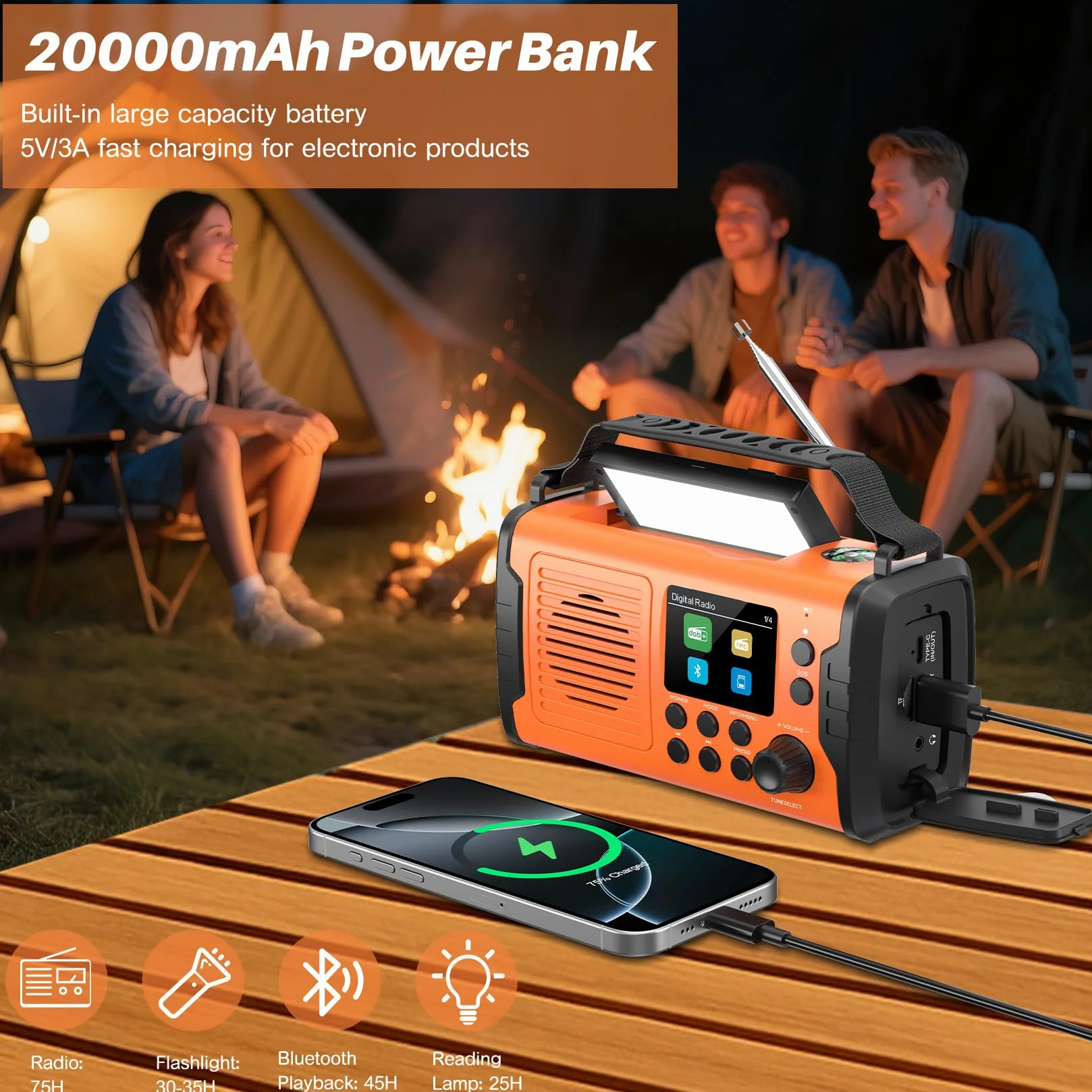 Radio A Manovella DAB+ FM 20000mAh Bluetooth Solare Emergenza con Sveglia, Torcia LED (Arancione)