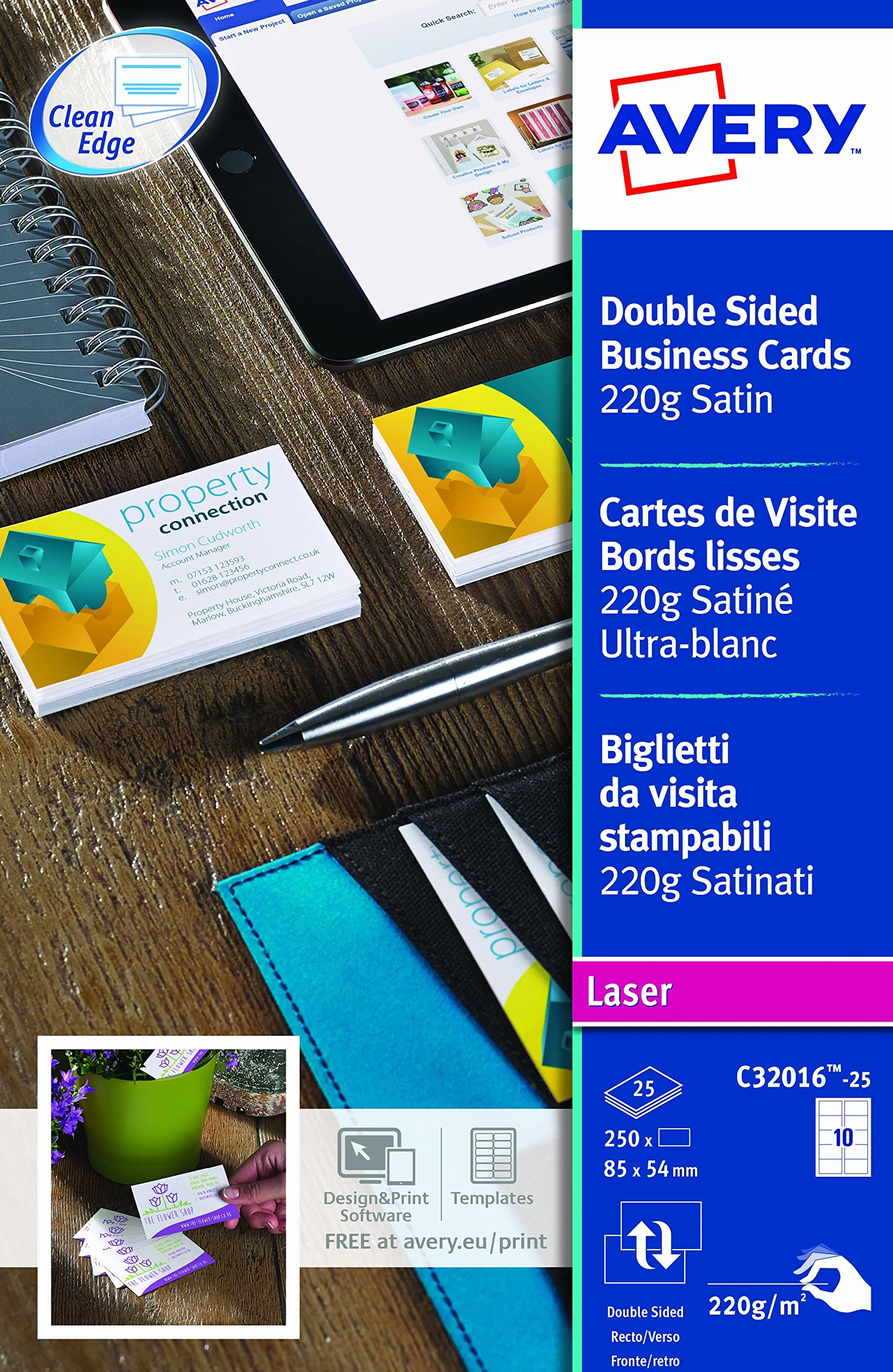 Avery Italia C32016-25 Biglietto da Visita Stampabile Fronte/Retro, 10 per Foglio, Confezione 25 Pezzi, Bianco