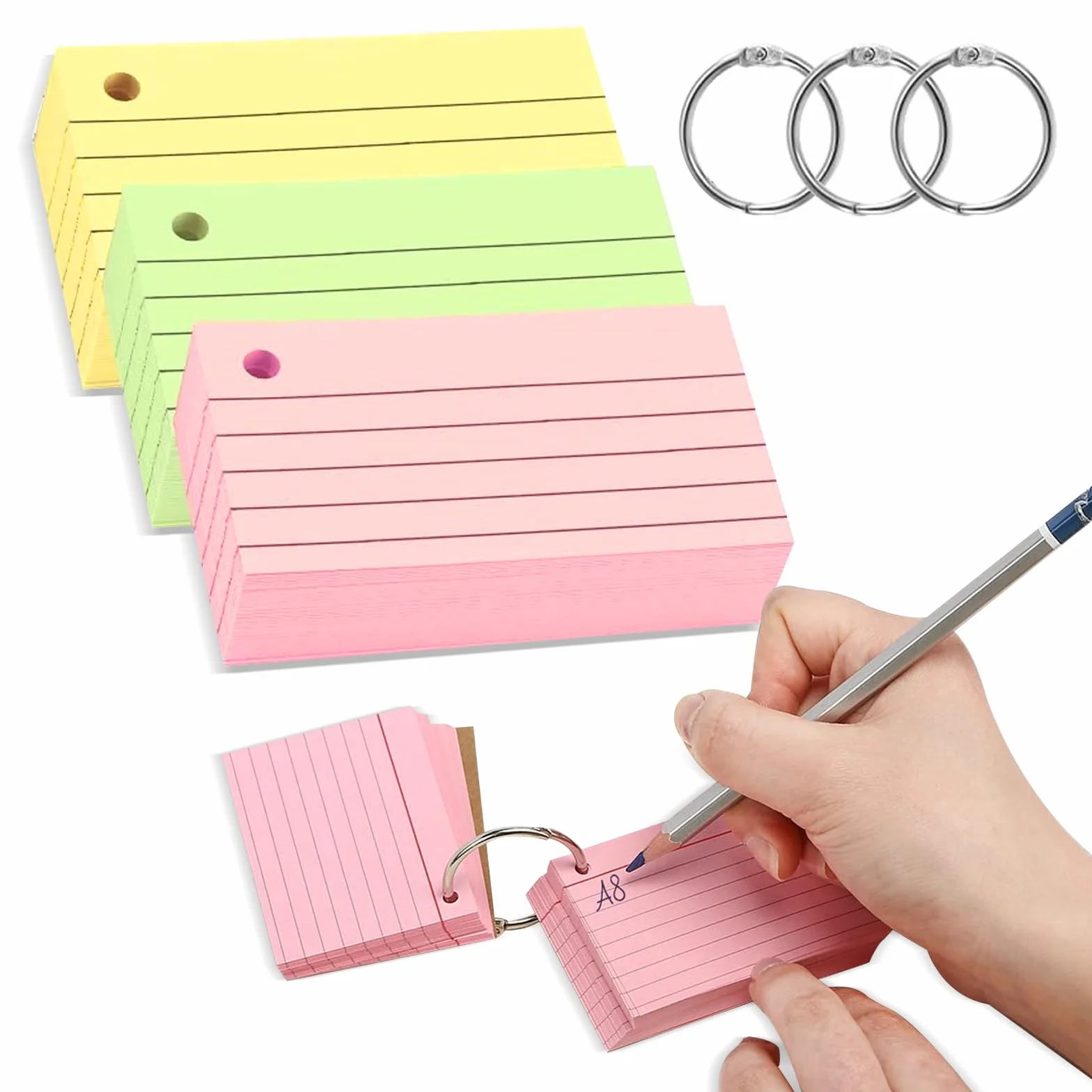 Yolistar 300 schede a cartoncini colorati, Flashcards, Schede rubrica, Cartoncino a Righe con 3 raccoglitori ad anelli