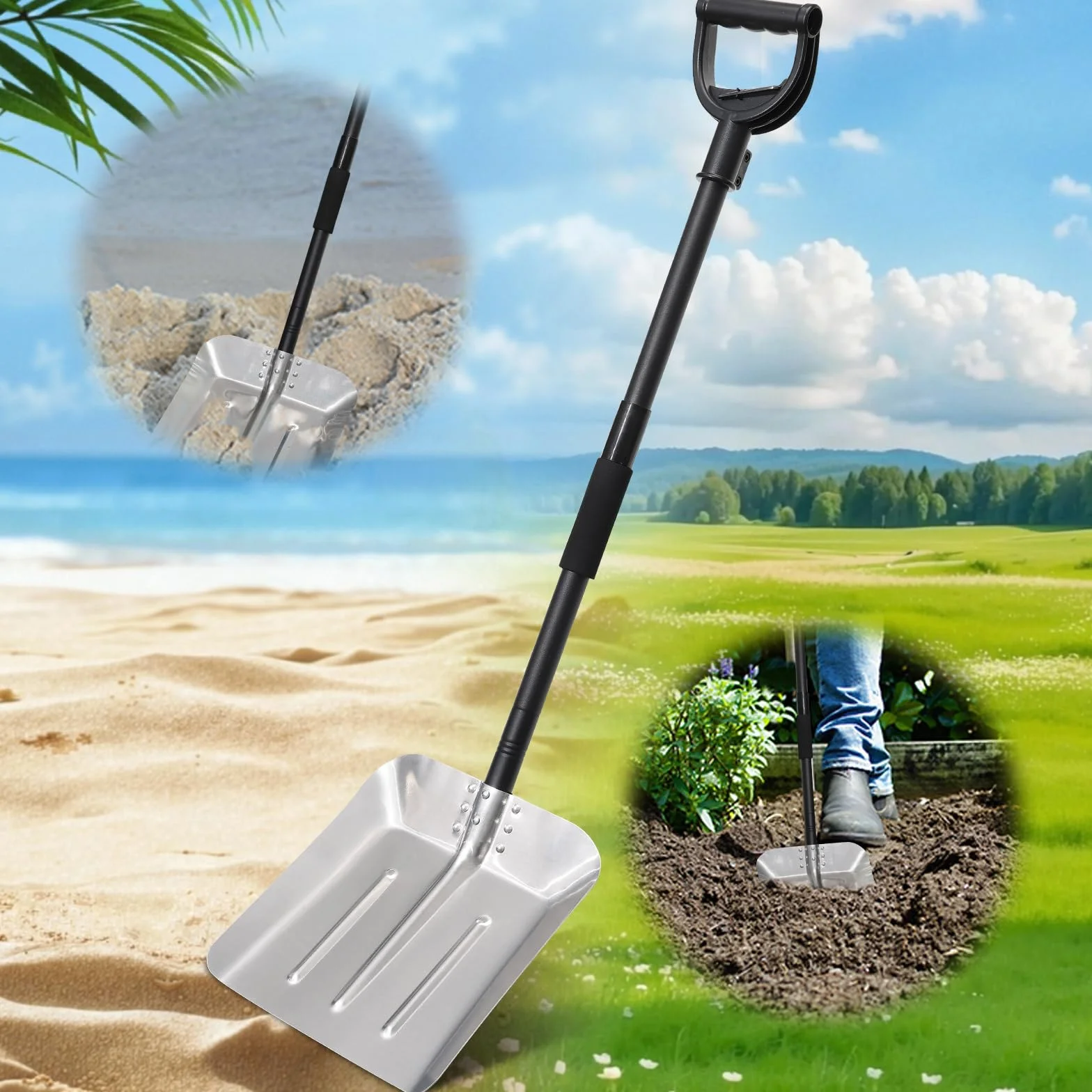 Vanga da giardino robusta con manico 127 cm, design rimovibile e portatile, pala da spiaggia in metallo