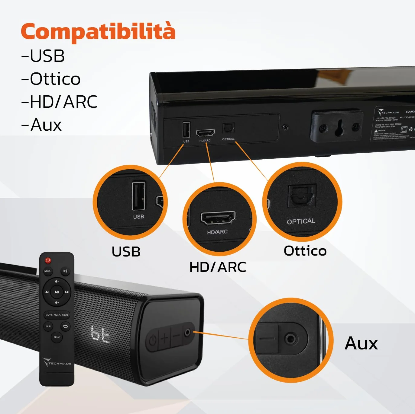 TECHMADE Soundbar TV 2.0 Bluetooth 120W HDMI ARC USB AUX Ottico Audio Potente Bassi Profondi Compatta