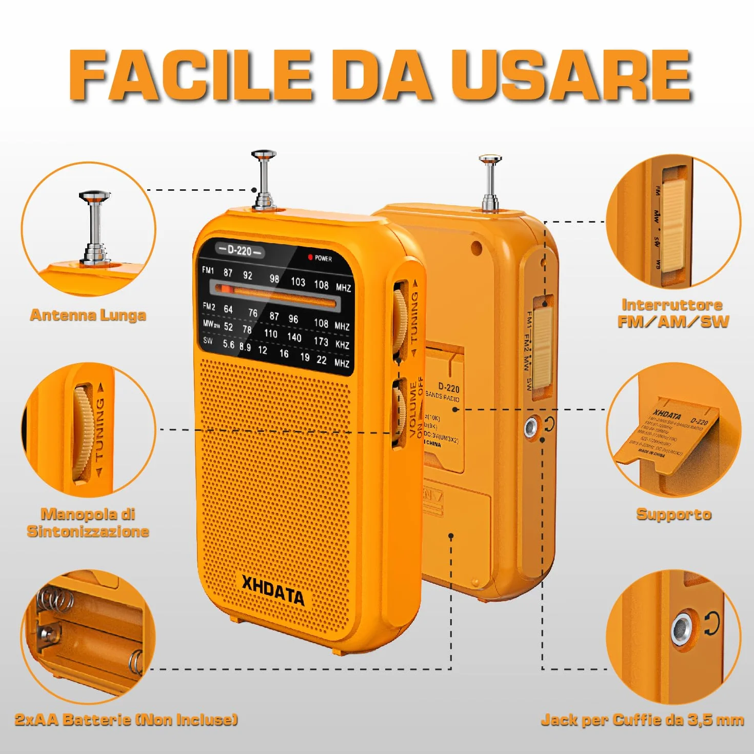 XHDATA D220 Radio Portatile AM FM SW a Pile, Onde Corte, Piccola Ricezione Eccellente (Arancione)