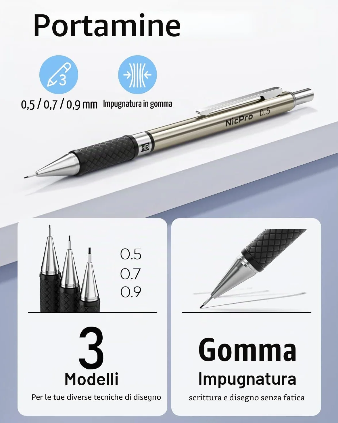 Nicpro 6 Pezzi Metallo Matite Meccaniche Set, 0,5 mm 0,7 mm 0,9 mm 2mm, Portamine con 12 Tubo Mine, Gomma, Temperamatite, Astuccio per Artista