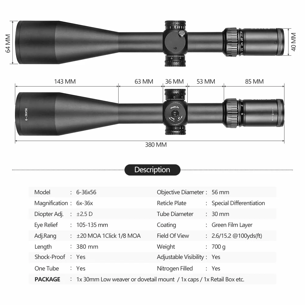 SPINA OPTICS Cannocchiale da caccia 6-36X56 SF Mil Dot reticolo parallasse laterale blocco torretta mirino tattico