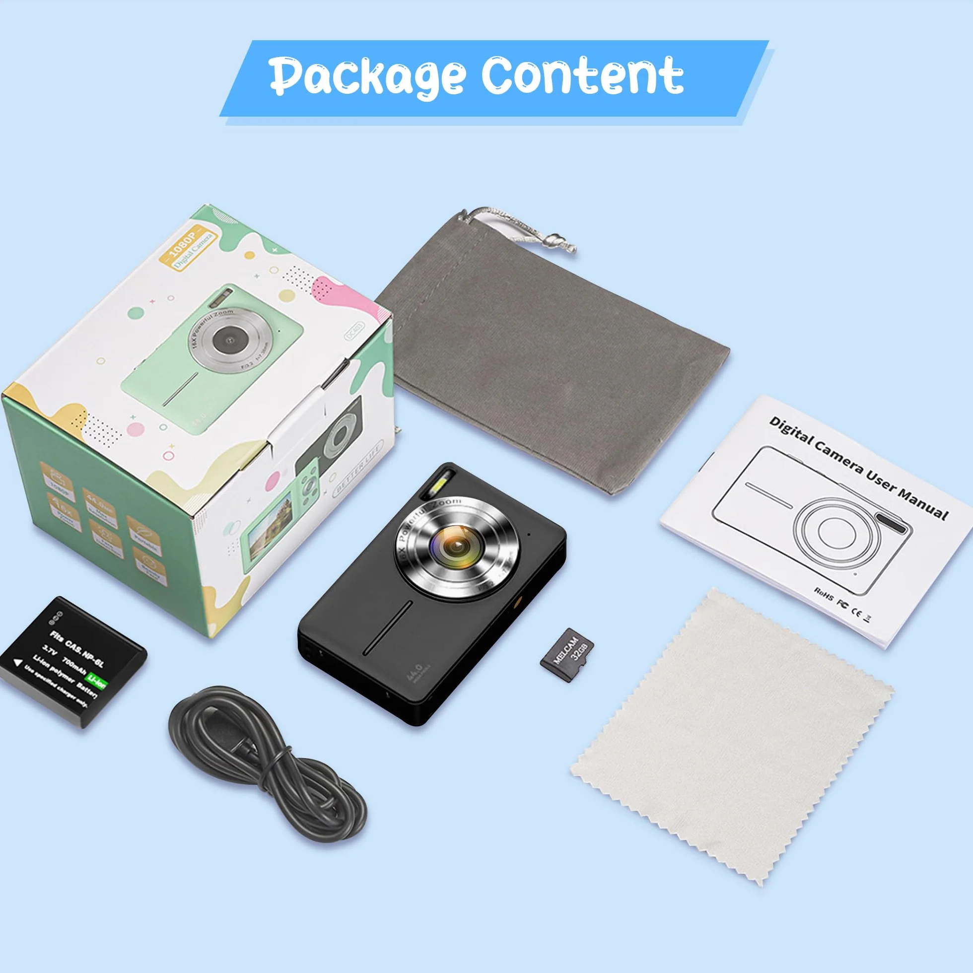 Fotocamera Digitale 1080P 44MP Vlogging Bambini FHD Compatta Portatile Schermo 2,4" Zoom 16X Anti-Shake Nero