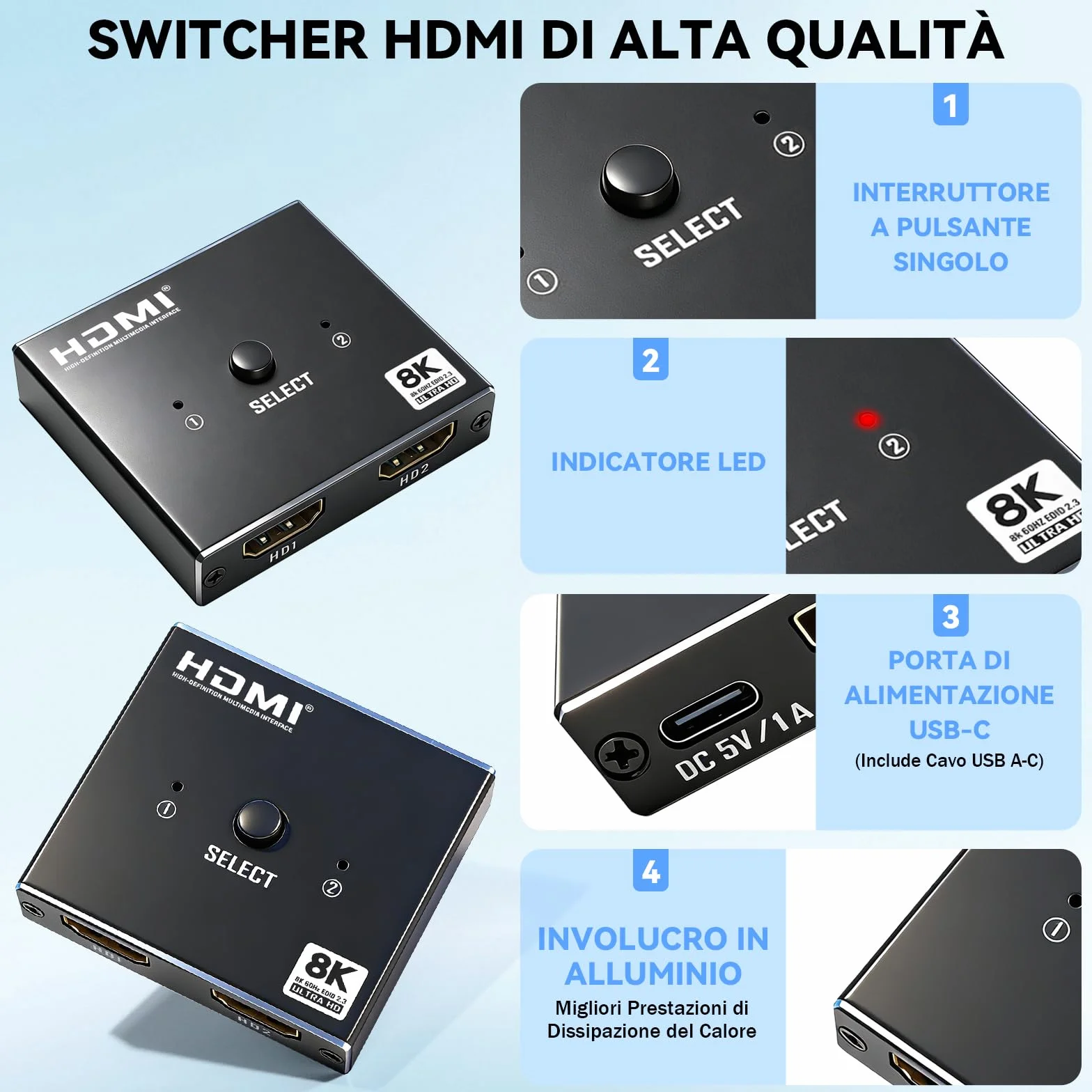 Splitter HDMI 8K 2.1 48Gbps, Switch HDMI 2 ingressi 1 uscita, Supporto HDCP 2.3 per PS5 Xbox HDTV