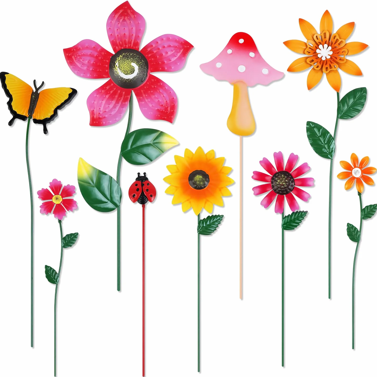 10 Pezzi Fiori in Metallo per Giardino Set 28-42CM Decorazioni da Esterno con Testa Regolabile a Molla Ornamenti Colorati per Aiuole con Girasole Farfalla FungoRegalo Giardino Creativo