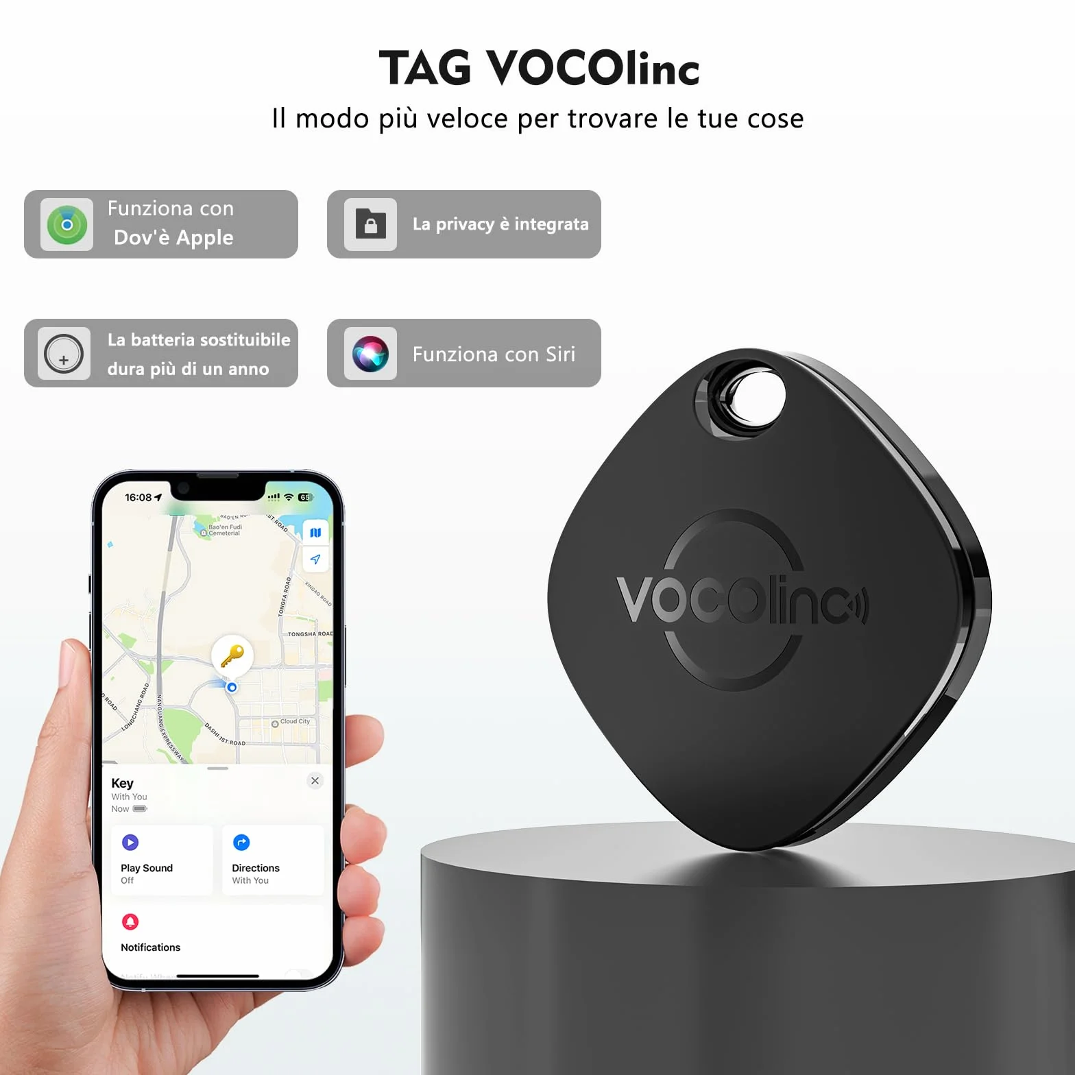 VOCOlinc Air Tag Tracker 2 Pezzi, Bluetooth Localizzatore Chiavi Compatibile con Apple Dov’è App, Trova Oggetti per Portafogli Valigie Bagagli, Batteria Sostituibile