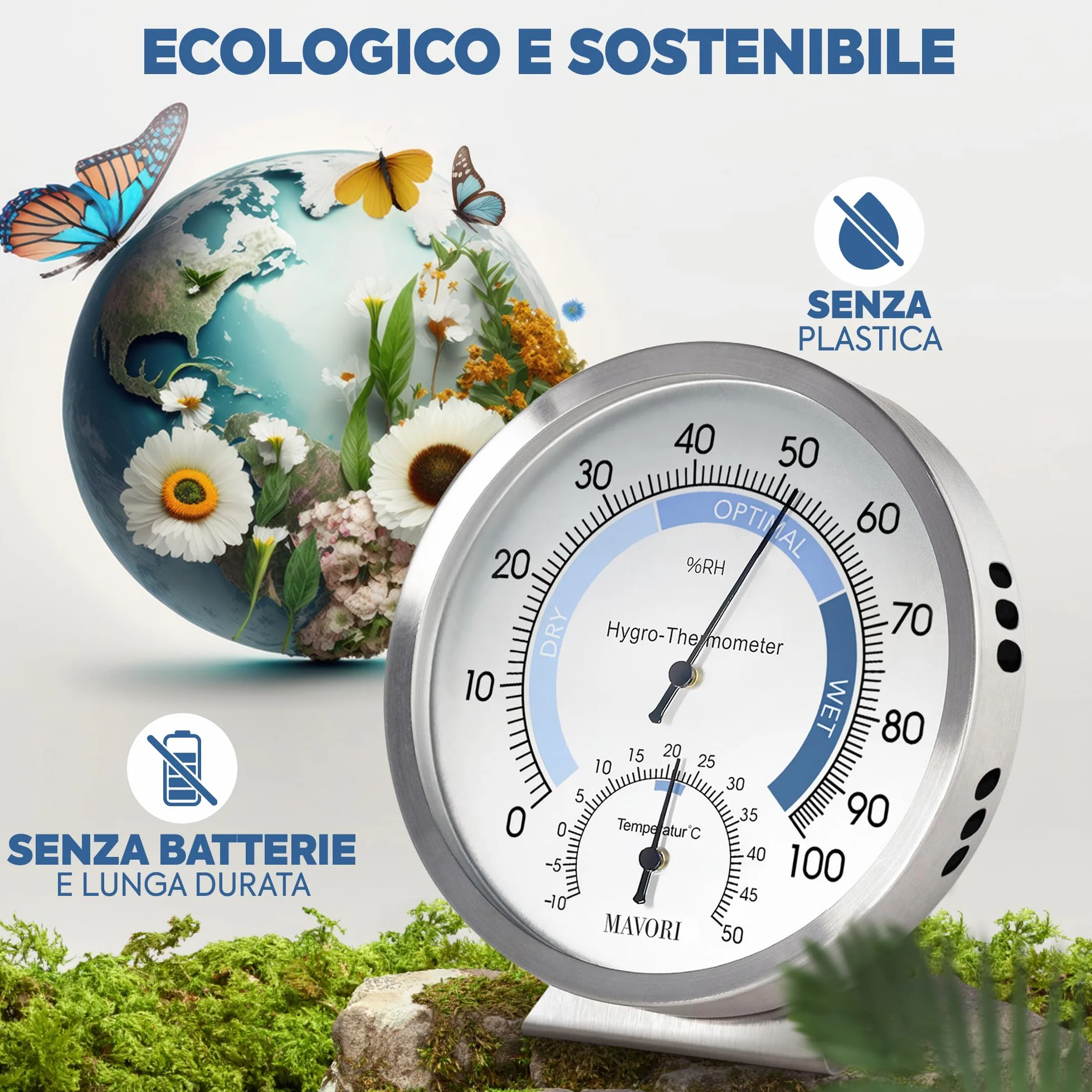 Igrometro analogico e termometro da interno 2 in 1 acciaio inox Ø 12,5 cm