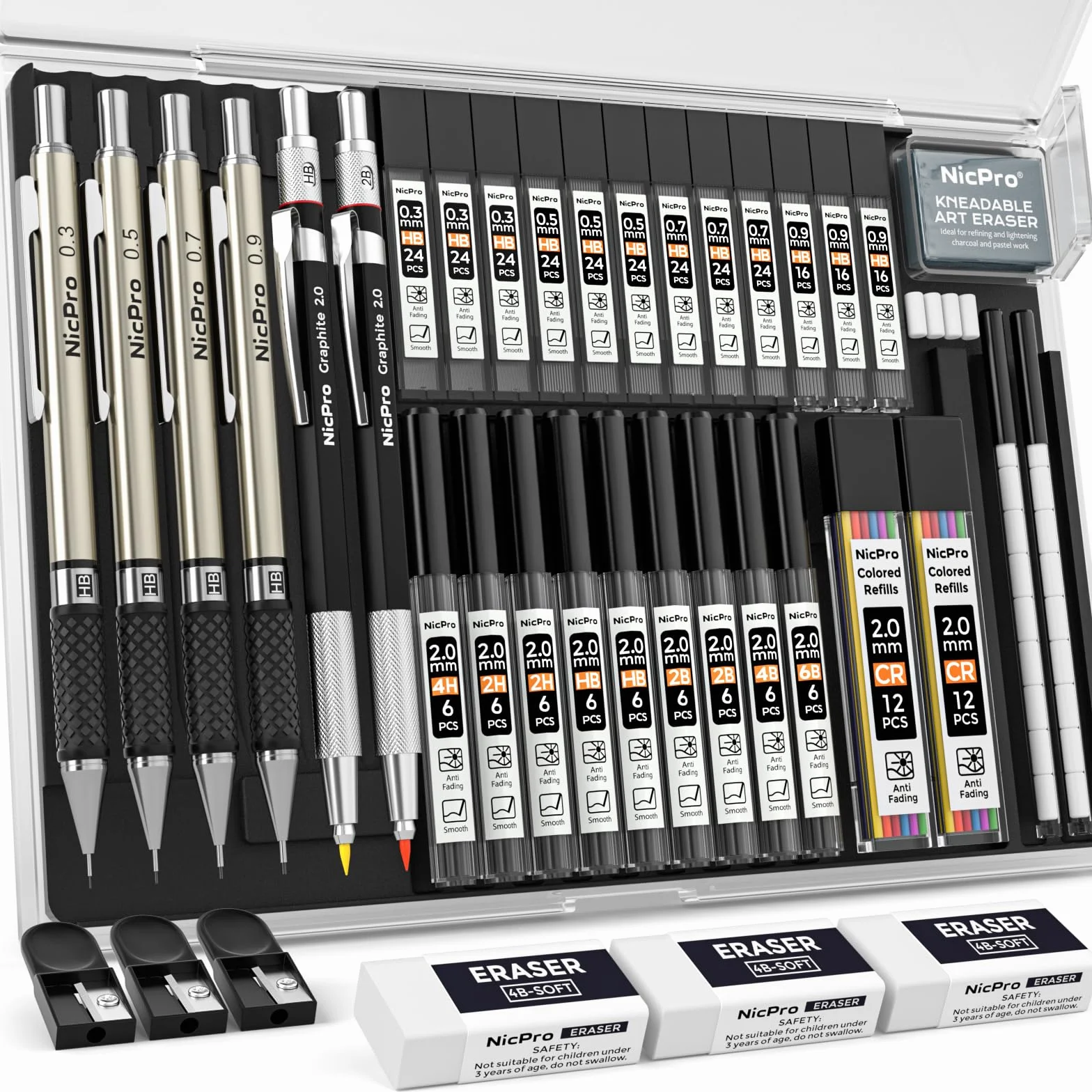 Nicpro 37 pezzi portaminas, matite da disegno metallo 0,3 0,5 0,7 0,9 mm e 2 mm, 6B 4B 2B HB 2H 4H, custodia con 23 ricariche
