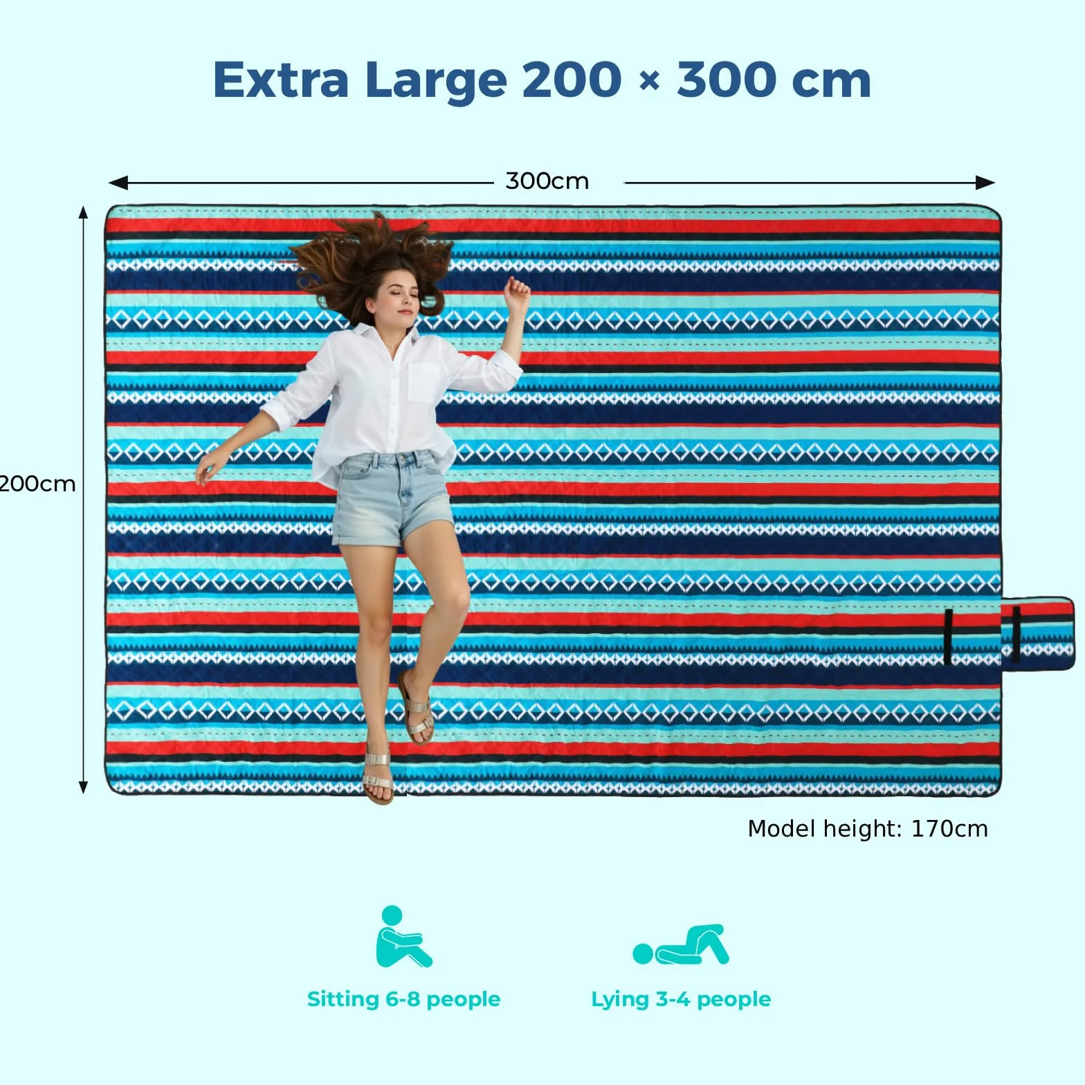 LIFERUN Coperta da picnic XXL 200x300 cm lavabile in lavatrice pieghevole verde a righe