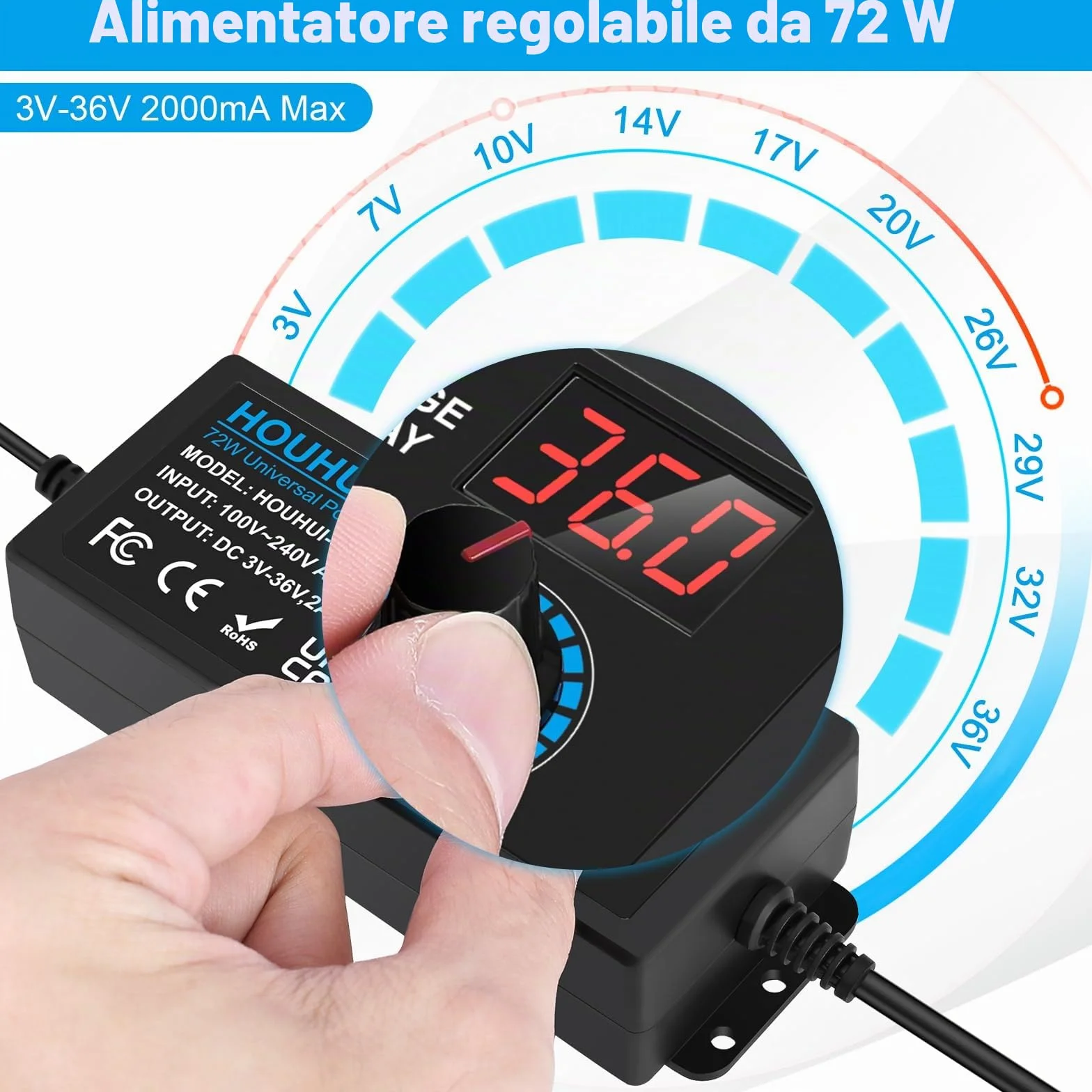 Uniwersalny regulowany zasilacz 3V-36V 2A 72W 100V-240V AC DC LED 5,5x2,5mm 16 końcówek