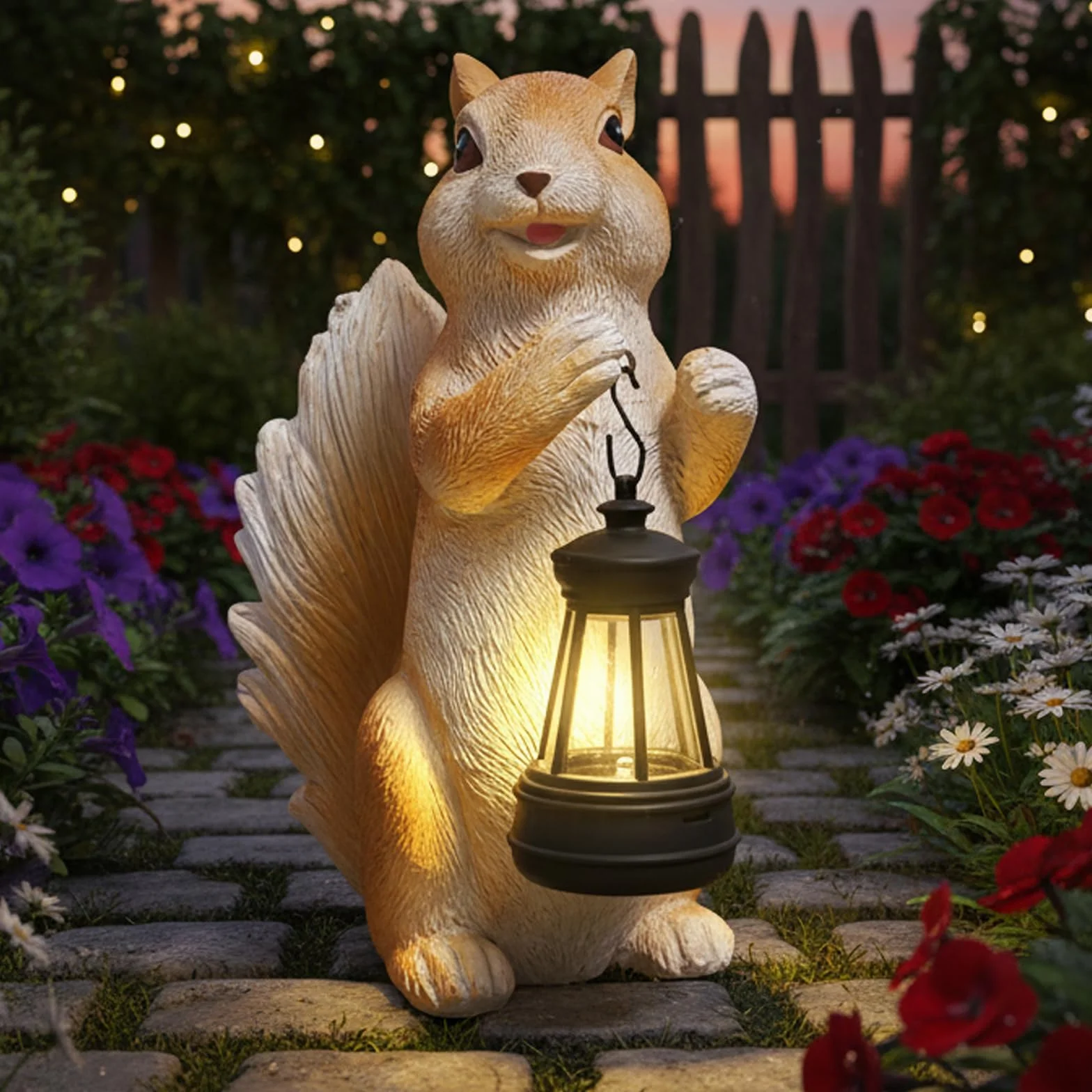 lifemet Scoiattolo decorativo da giardino a energia solare, scoiattolo, decorazione da giardino per esterni, resistente alle intemperie, con lanterna, statuette da giardino per giardino, balcone