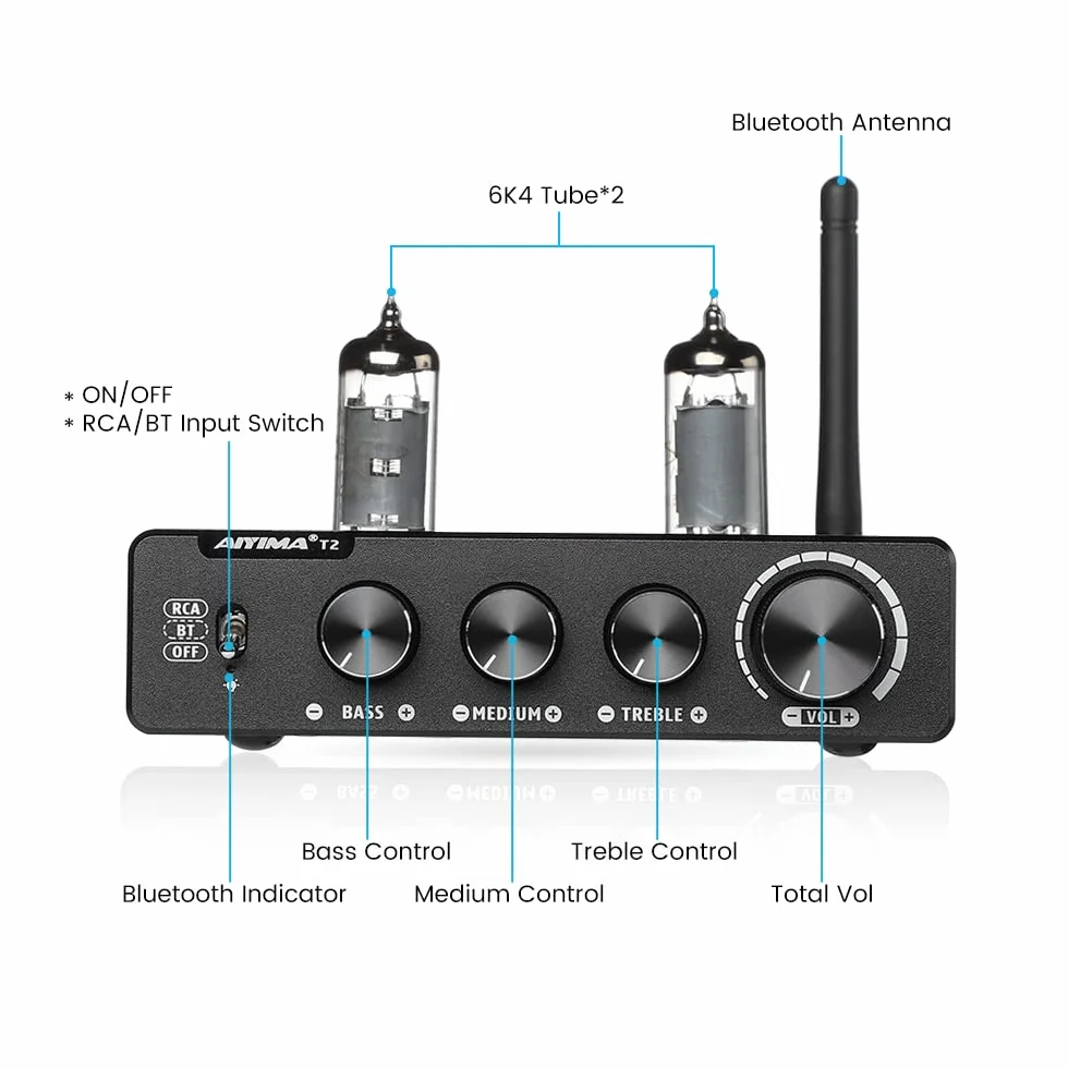 AIYIMA T2 6K4 Preamplificatore Tubo Biliare Vuoto Bluetooth 5.0 QCC3034 Stereo HiFi Aptx