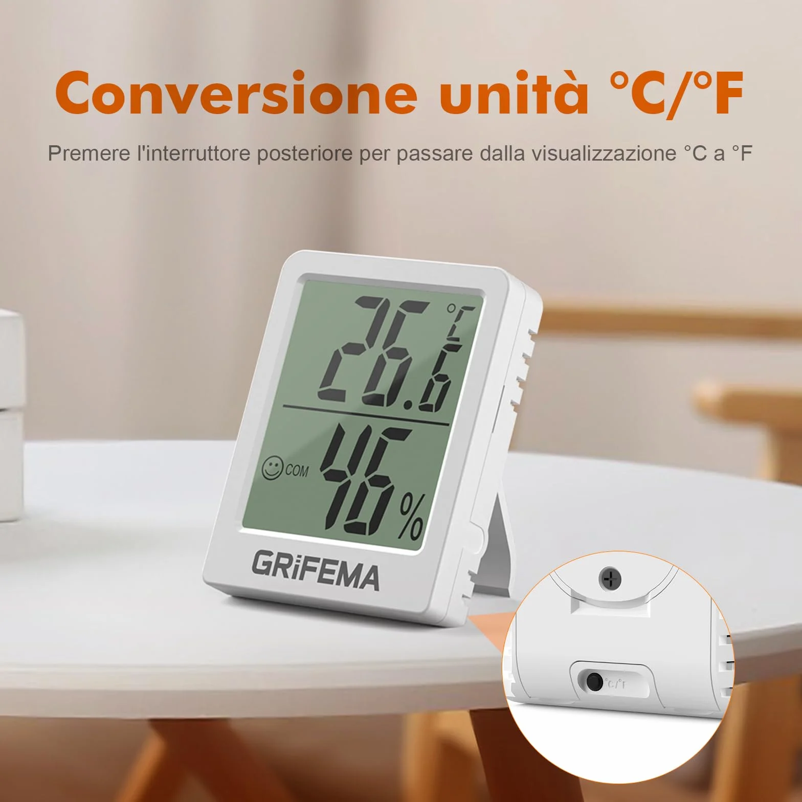 GRIFEMA GA2902 Mini Termometro Digitale Interno Igrometro, Misuratore di Umidità, Bianco
