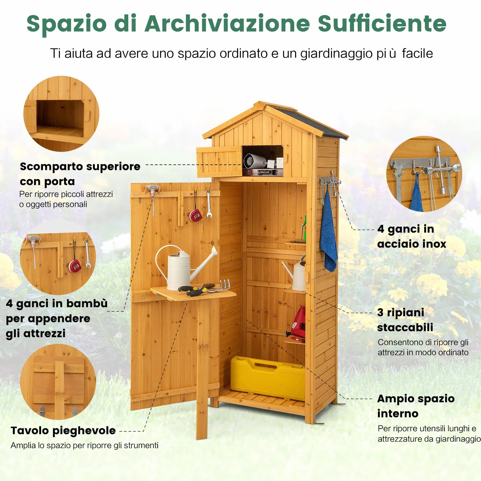 COSTWAY Armadio da Esterno in Legno Capanno da Giardino con Serratura Tavolo Pieghevole Tetto Impermeabile