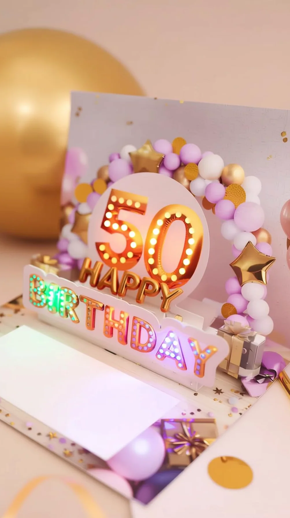 Joli Coon Biglietto auguri 50 anni donna pop up 3D con musica e luce, busta e adesivo sigillo 20×15 cm