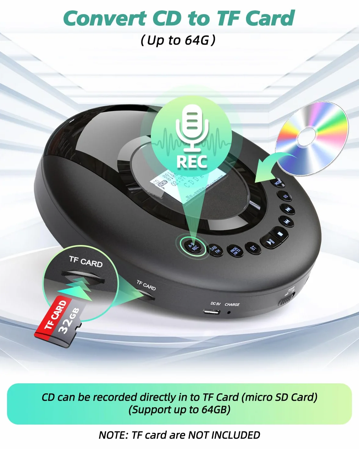 Arafuna Lettore CD portatile Discman Radio DAB+ FM Bluetooth Antishock 2000 mAh Nero