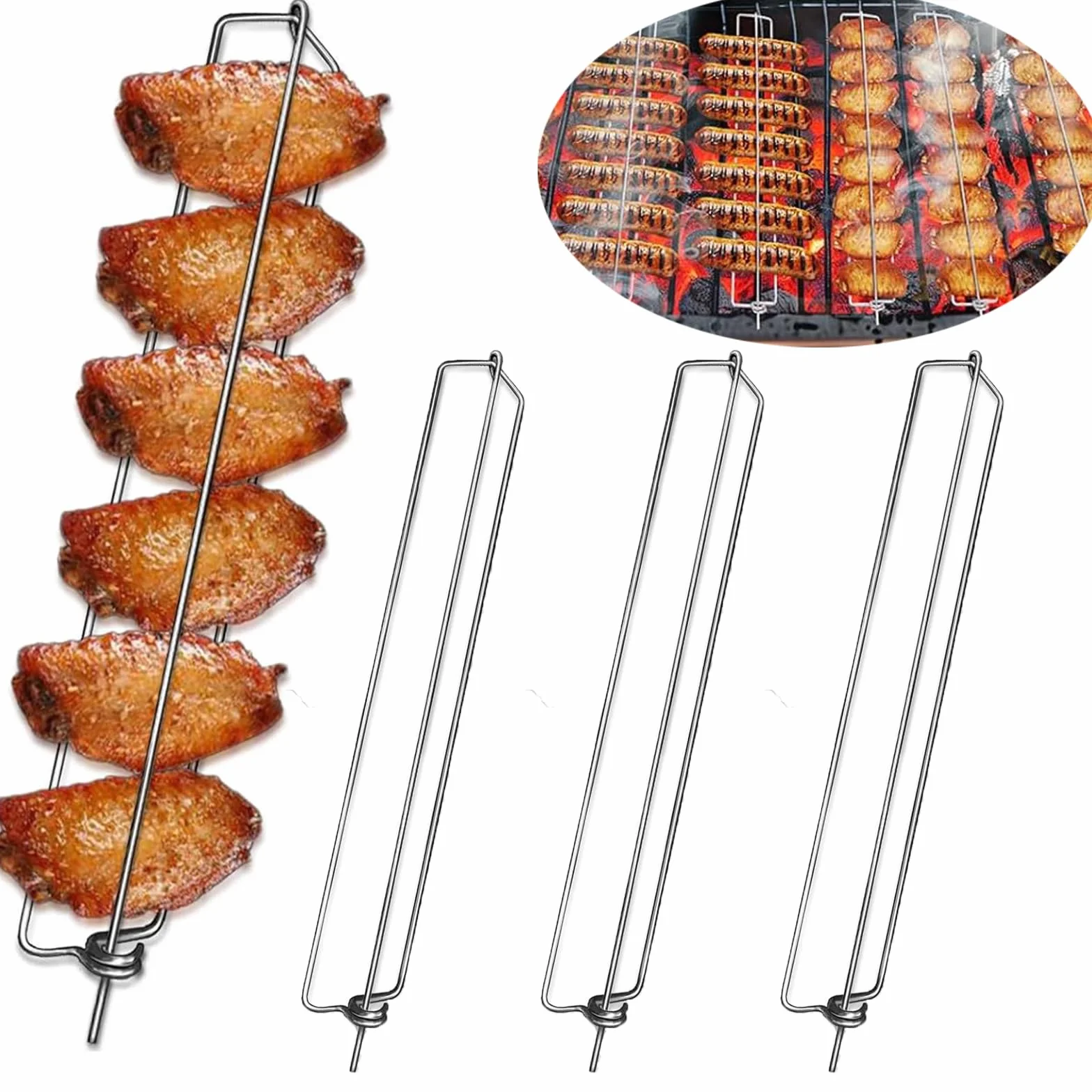 4 Pezzi Clamping Wing Rails for Grilling Chicken Wings,Chicken Wing BBQ Fork,Ali di Pollo Forchetta BBQ,Set di Strumenti per Barbecue con Ali di Pollo Picnic All'Aperto