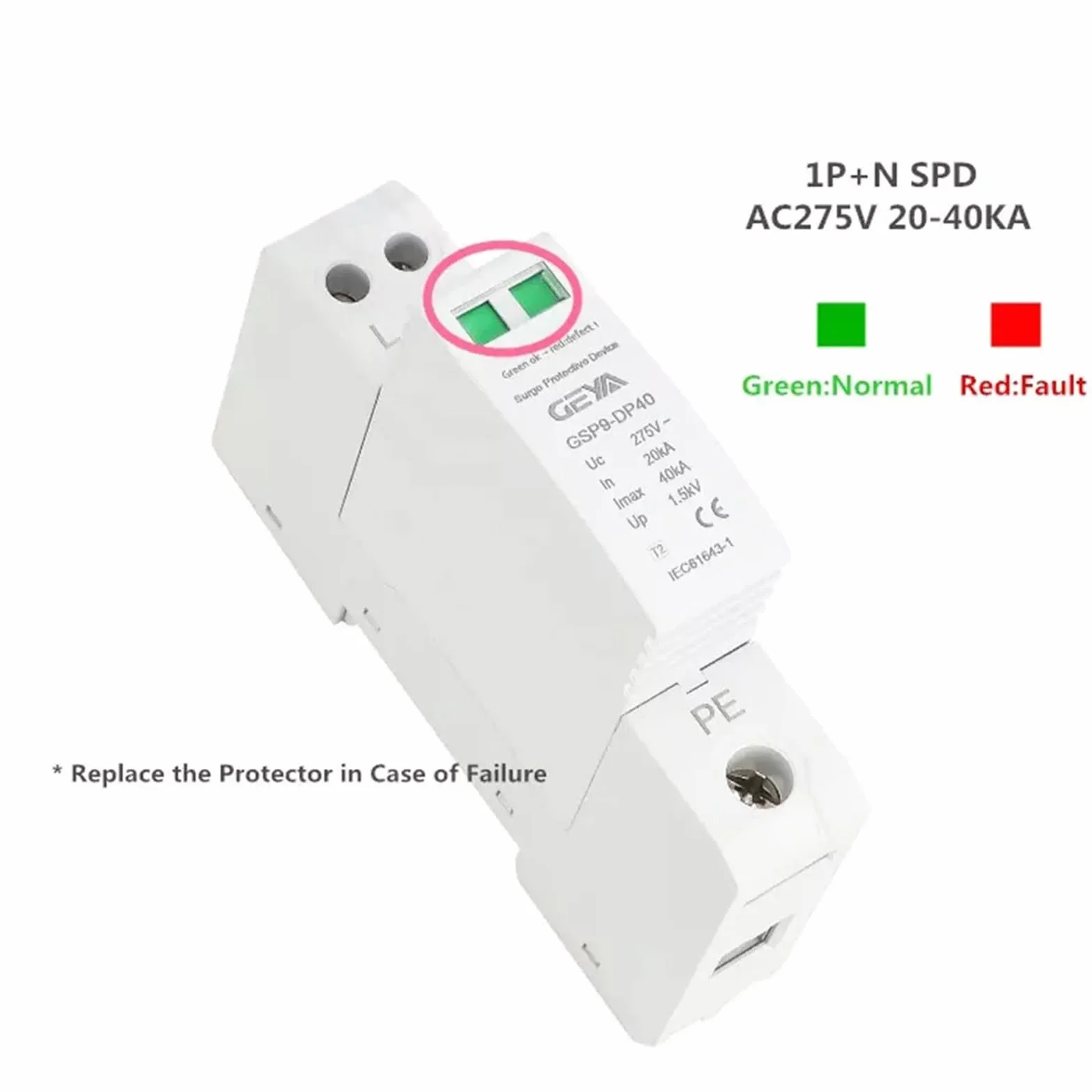 GEYA Dispositivo di scaricatore a bassa tensione SPD 20-40KA 1P+N AC275V