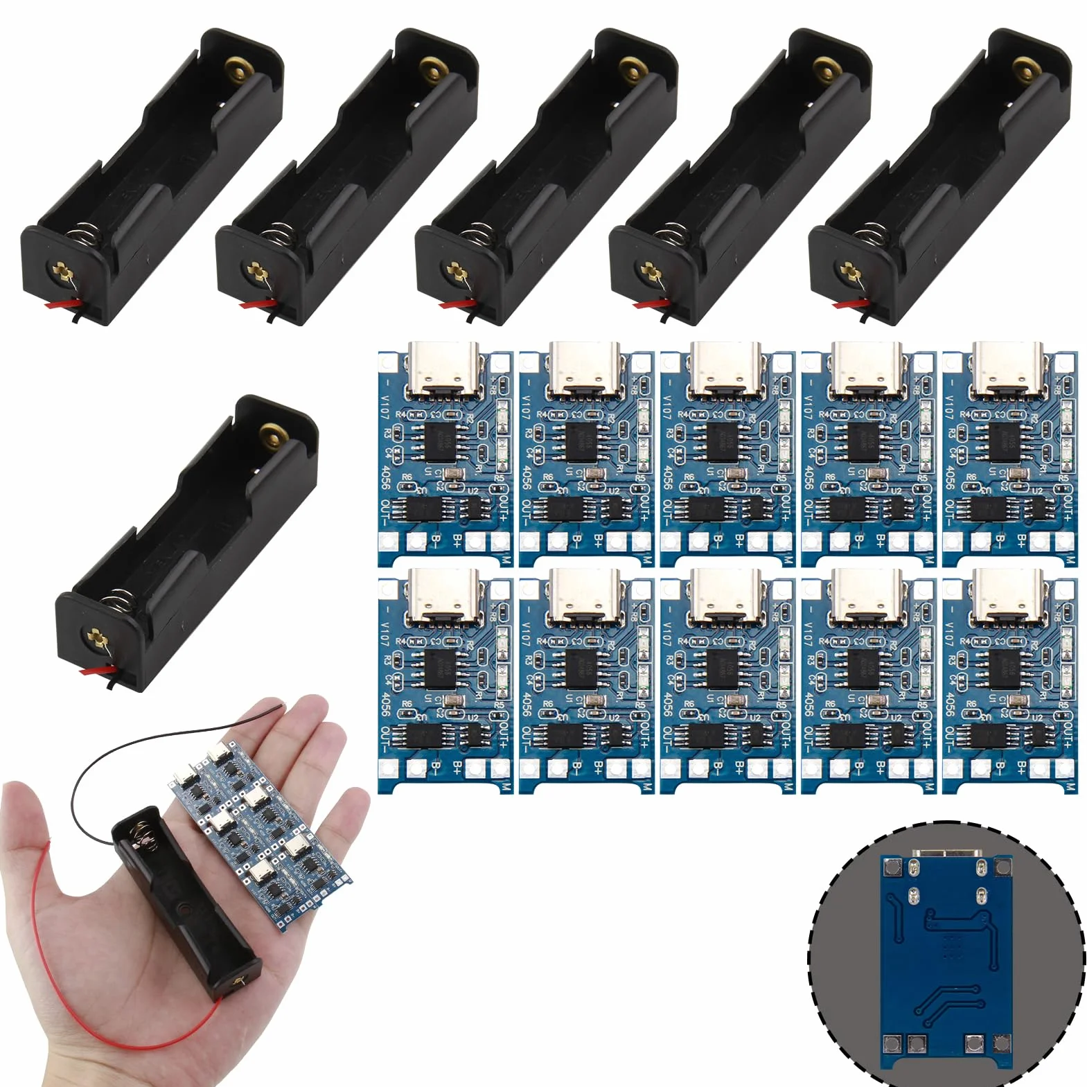 Porta Batterie 3.7V 18650 Custodia Plastica con Slot Singolo + 10 Moduli Caricabatterie USB Tipo-C 5V 1A, Custodie e Cavi Inclusi
