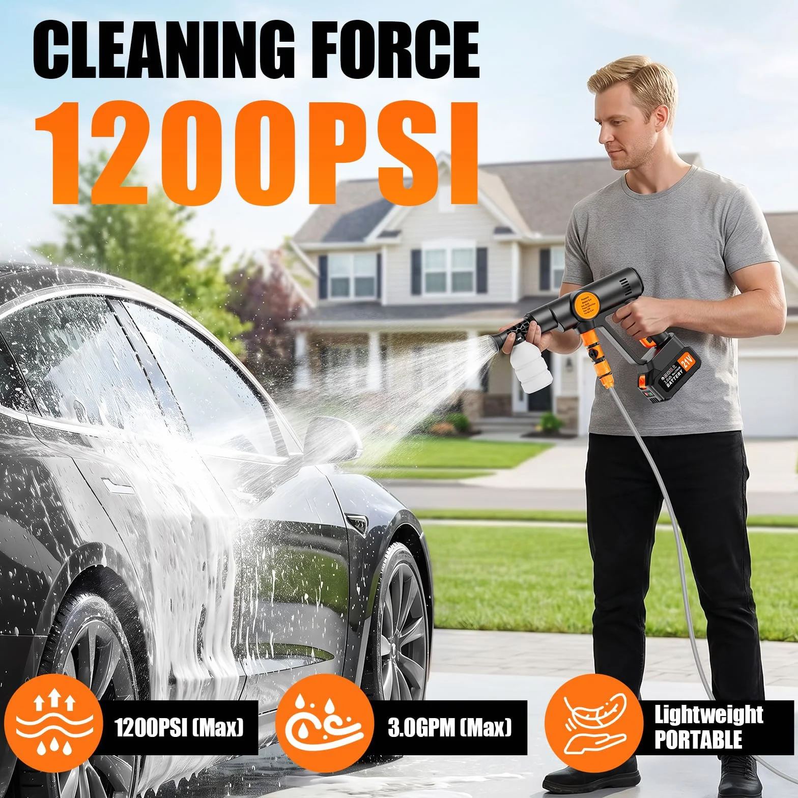 Idropulitrice a Batteria Senza Fili, Idropulitrice Portatile Potente con 2x3000 mAh Batterie, Motore Brushless, 100 Bar, Tubo da 5M, Ugello 6 in 1, Pistola Idropulitrice per Auto Giardino Irrigazione