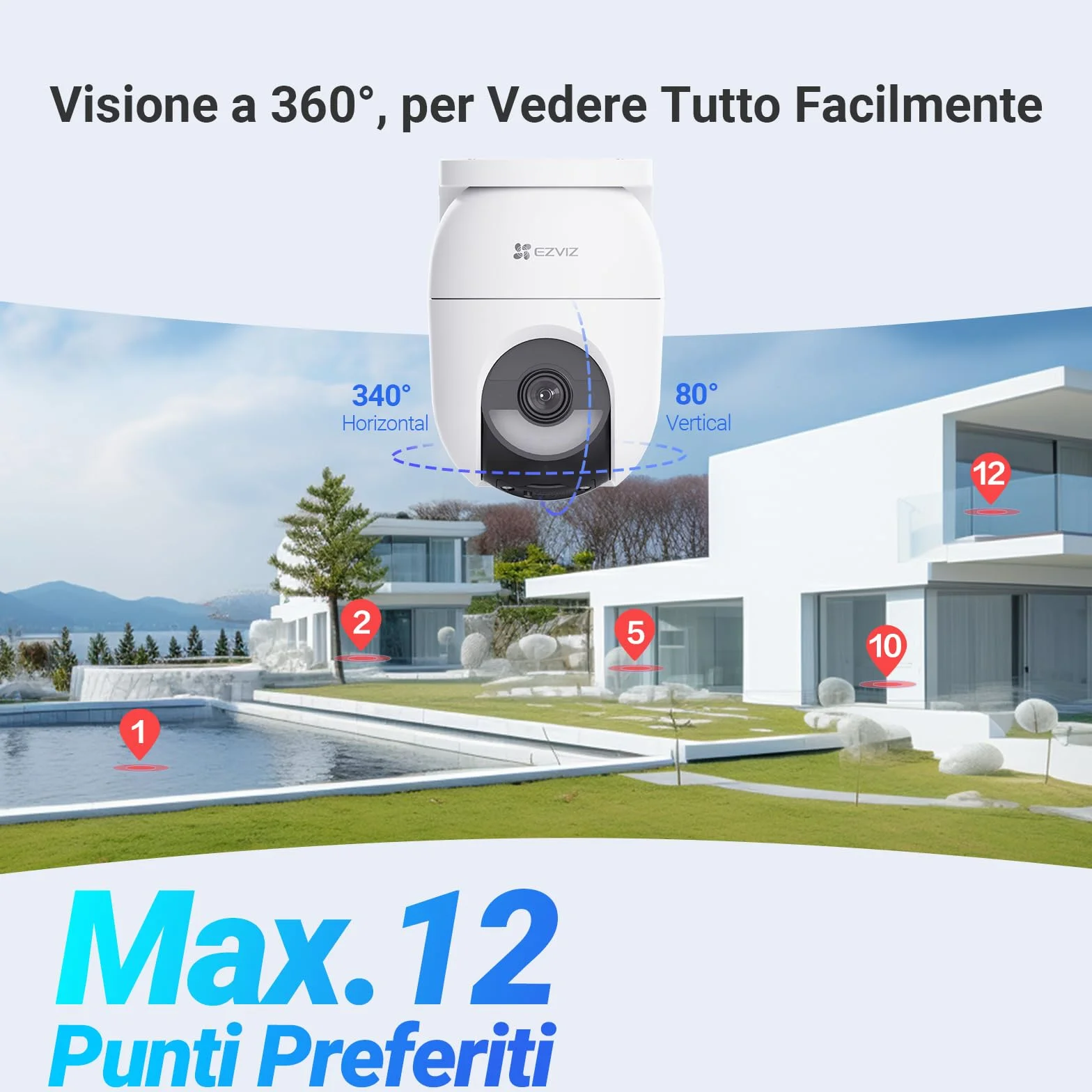 EZVIZ CB8 Lite 2K+ Telecamera WiFi Esterno Pannello Solare PTZ 360° AOV Rilevamento Persone Veicoli Audio Bidirezionale Visione Notturna Colori Difesa Attiva