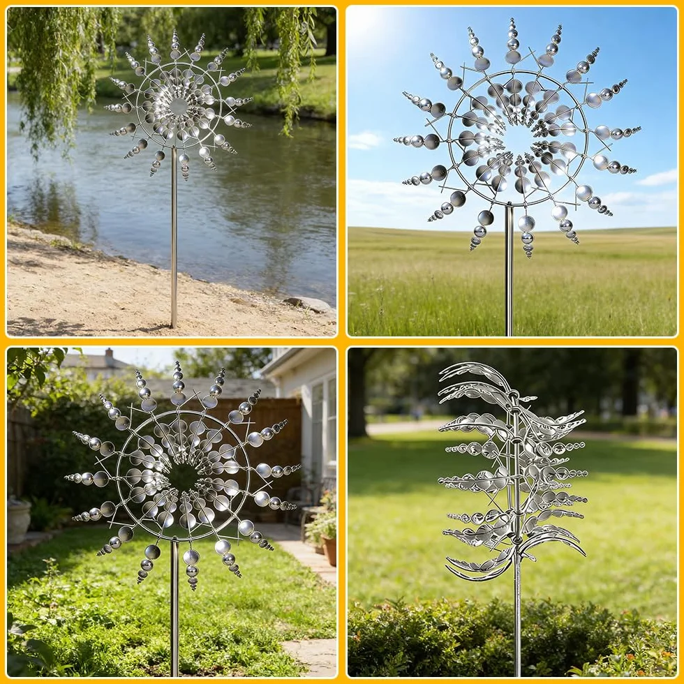 Girandola Cinetica, HOVCEH Upgraded Rust-Proof Mulino a Vento Cinetico, 3D 360° Doppio Rotors Kinetic Girandola a Vento in Metallo per Patio Prato e Giardino (Argento)