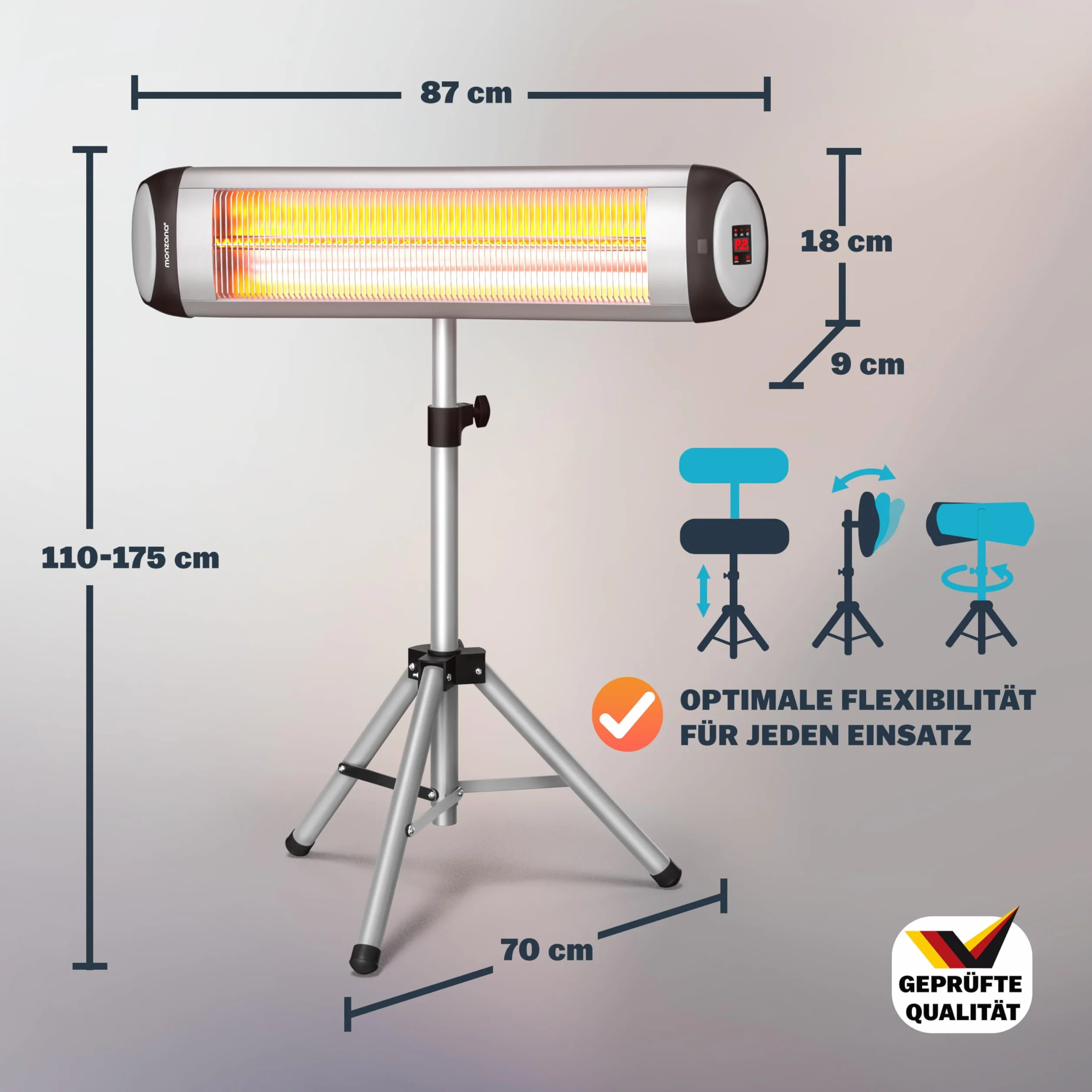 MONZANA Stufa Elettrica a Infrarossi MZH2500 2500W 110-175cm Telecomando Timer 24h