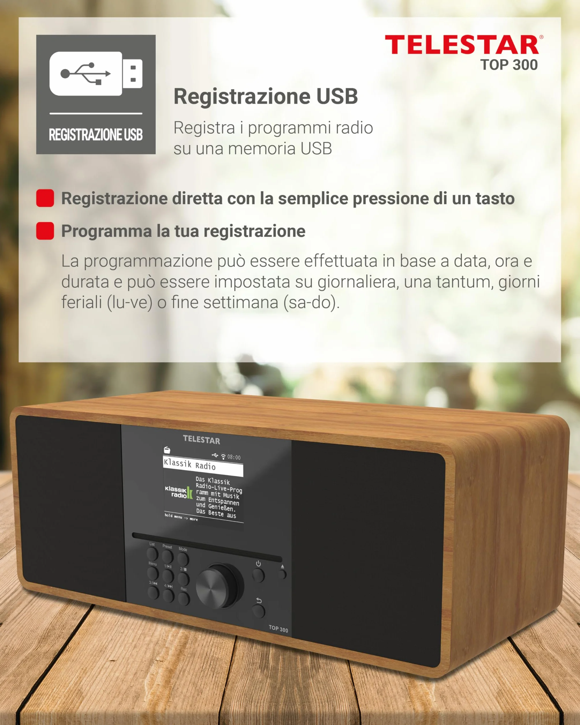 TELESTAR TOP 300 Radio DAB+/Internet con lettore CD stereo 2x15W Bluetooth Audio-Streaming Legno