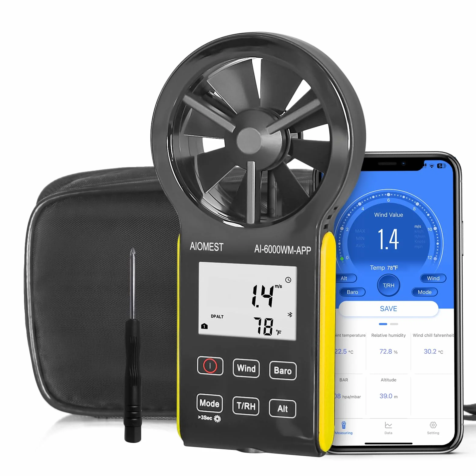 AIOMEST 6000WM-APP Anemometro Digitale Palmare Anemometro Vento CFM Misuratore di Velocità del Vento con MAX/MIN/AVG per Tester Velocità Vento Temperatura Temperatura Vento Chill, HVAC