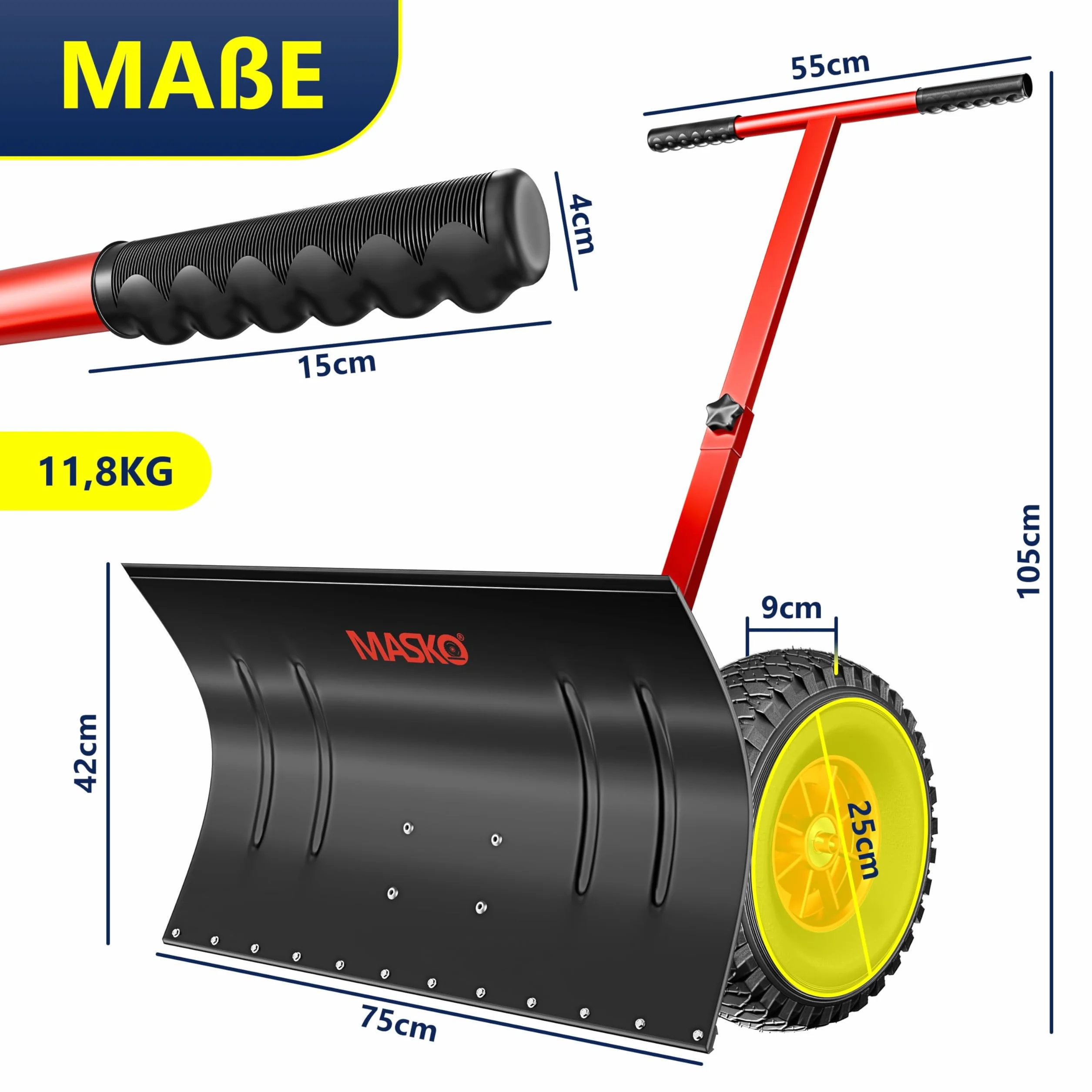 MASKO® Pala da neve su ruote regolabile in altezza – 5 posizioni, non danneggia la schiena, 75 cm, 42 cm