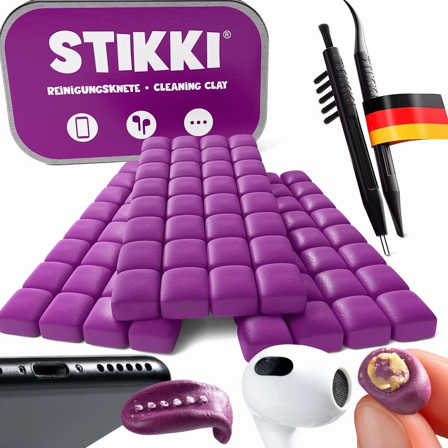 STIKKI Kit Pulizia Telefono e Cuffie per iPhone e AirPods - Pasta Pulizia con Strumenti USB C, Lightning