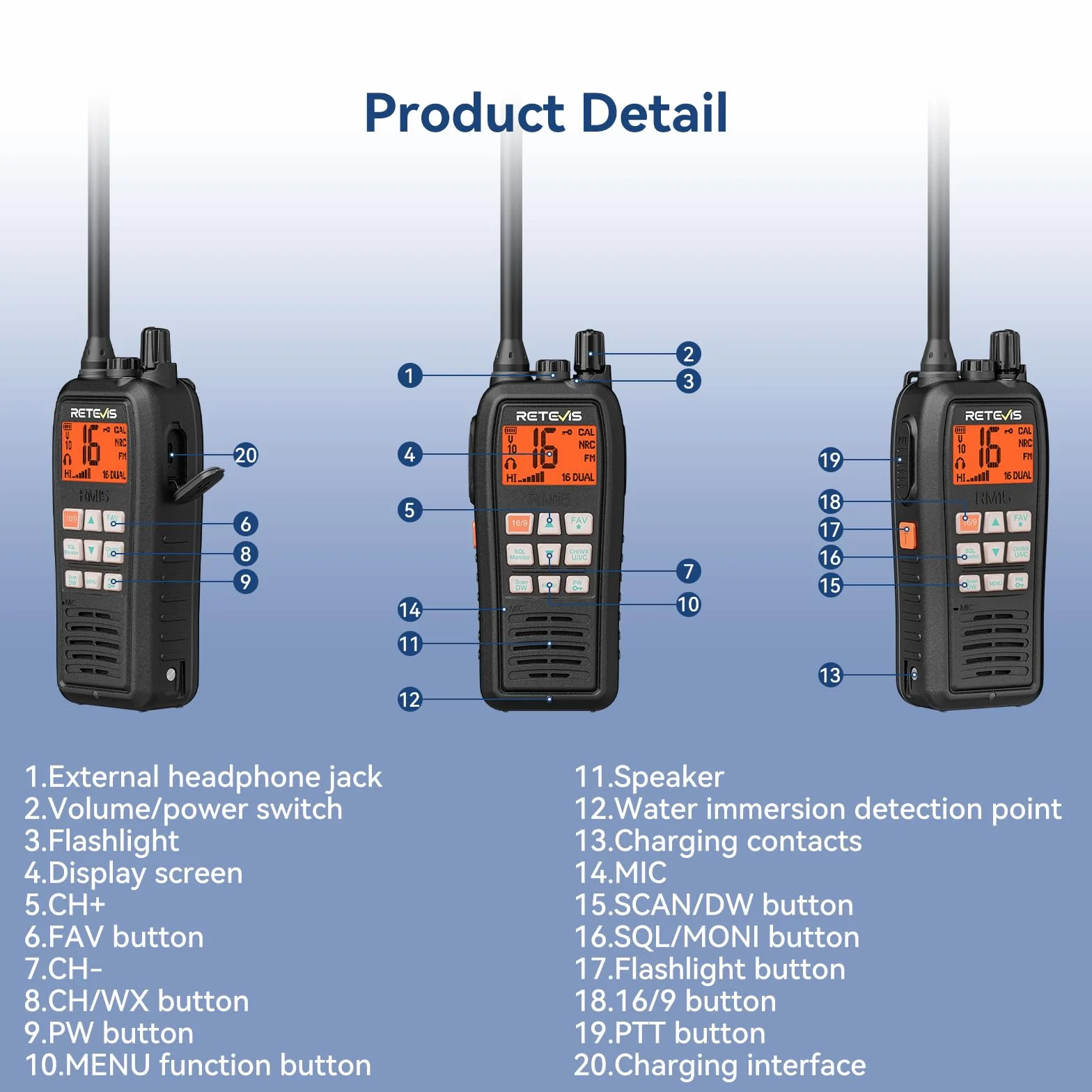 Retevis RM15 VHF Marino Walkie Talkie Portatile Galleggiante IP68 2000 mAh Batteria Schermo Due Colori 88 Canali Radio Bidirezionale per Barche Nero