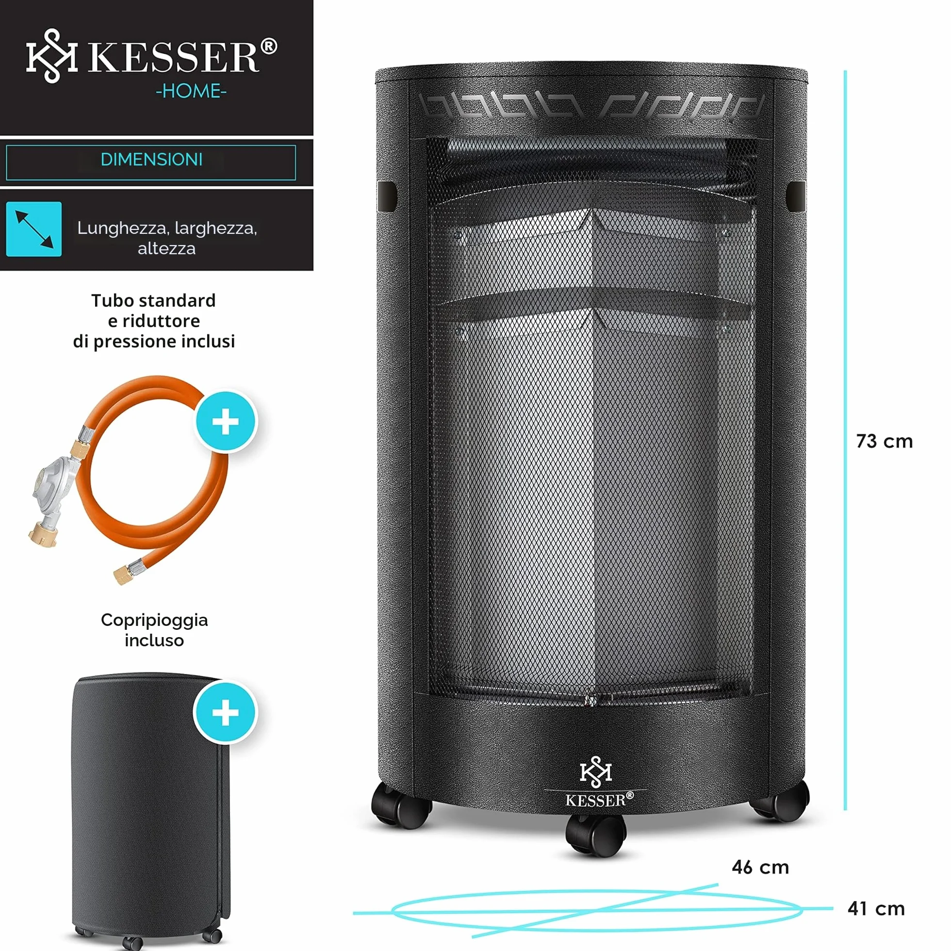 KESSER® Stufa a Gas in Ceramica da 4200 Watt radiante, incl. regolatore di Pressione del Gas, Tubo Flessibile - Riscaldatore a Gas, Generatore di Calore Nero
