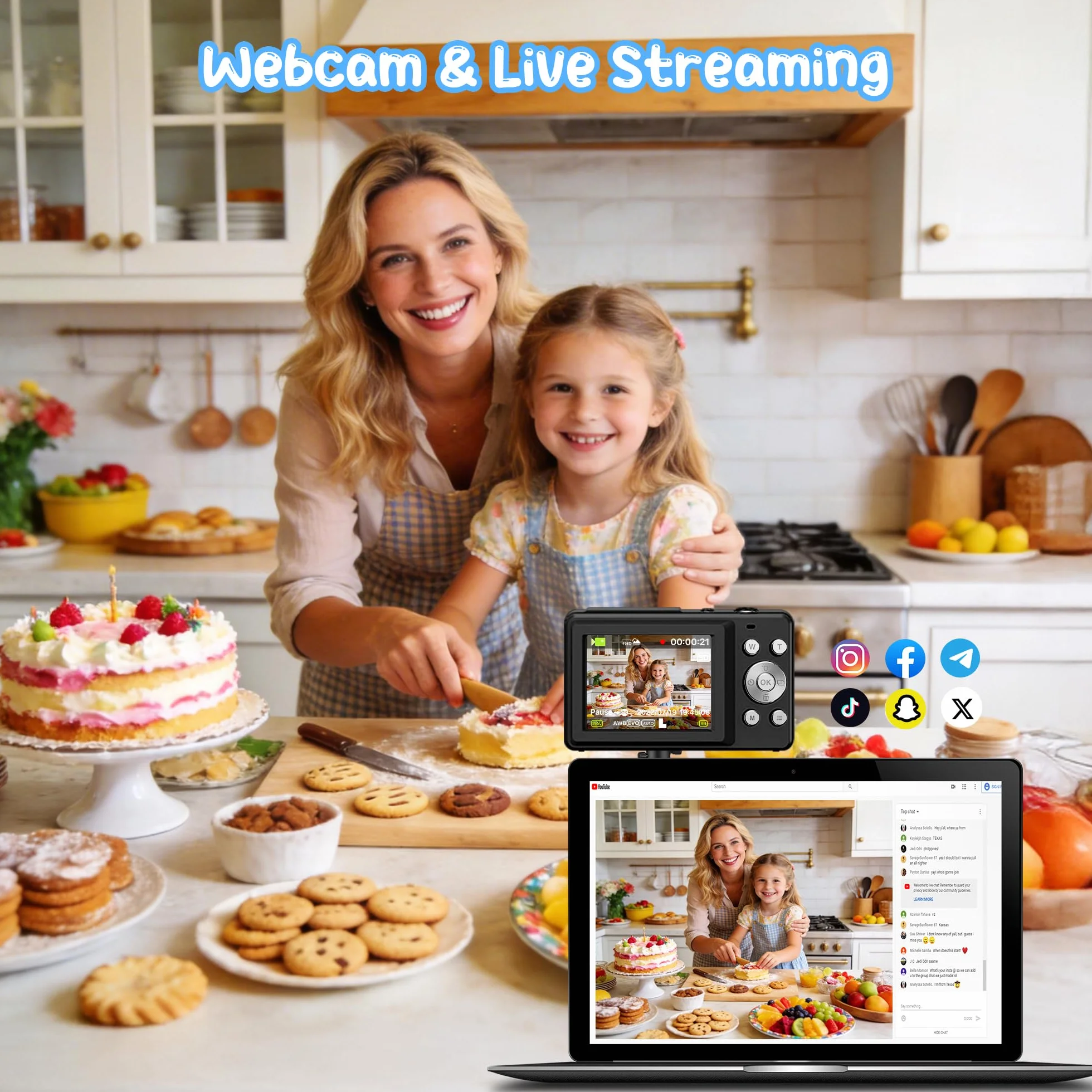 Fotocamera Digitale 1080P 44MP Vlogging Bambini FHD Compatta Portatile Schermo 2,4" Zoom 16X Anti-Shake Nero