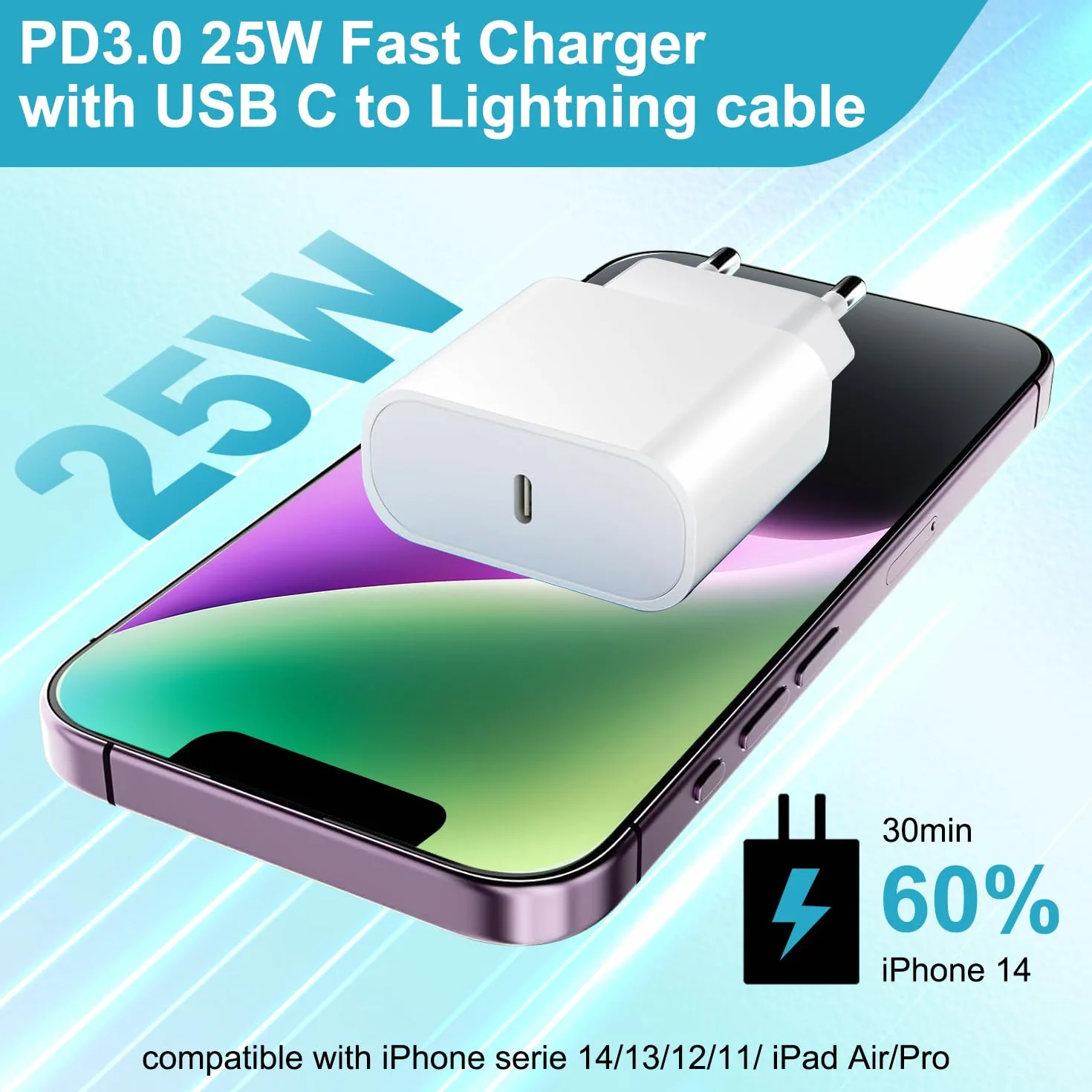 Apple MFi Caricatore Rapido USB C 25W per iPhone 14 13 12 11 Pro Max/Mini/XS/X/8 con Cavo 2M