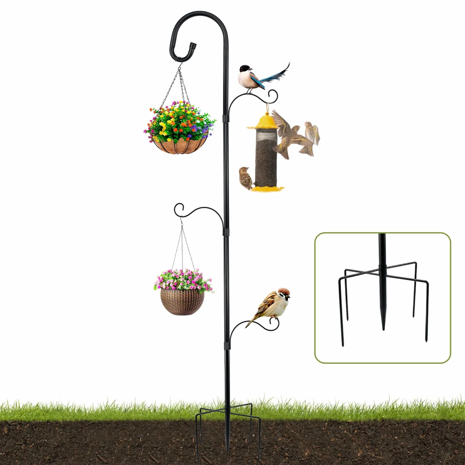 Asta Decorativa Giardino in Metallo, Gancio da Pastore per Esterno, Asta da Giardino Regolabile con 3 Ganci, Supporto Metallico per Piante Pendenti, Mangiatoie Uccelli e Lanterne - 193cm, Nero