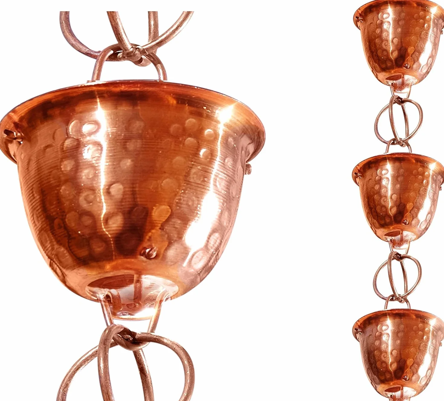 Monarch Pure Copper Hammered Cup Rain Chain 8.5 ft Replacement Downspout for Gutters