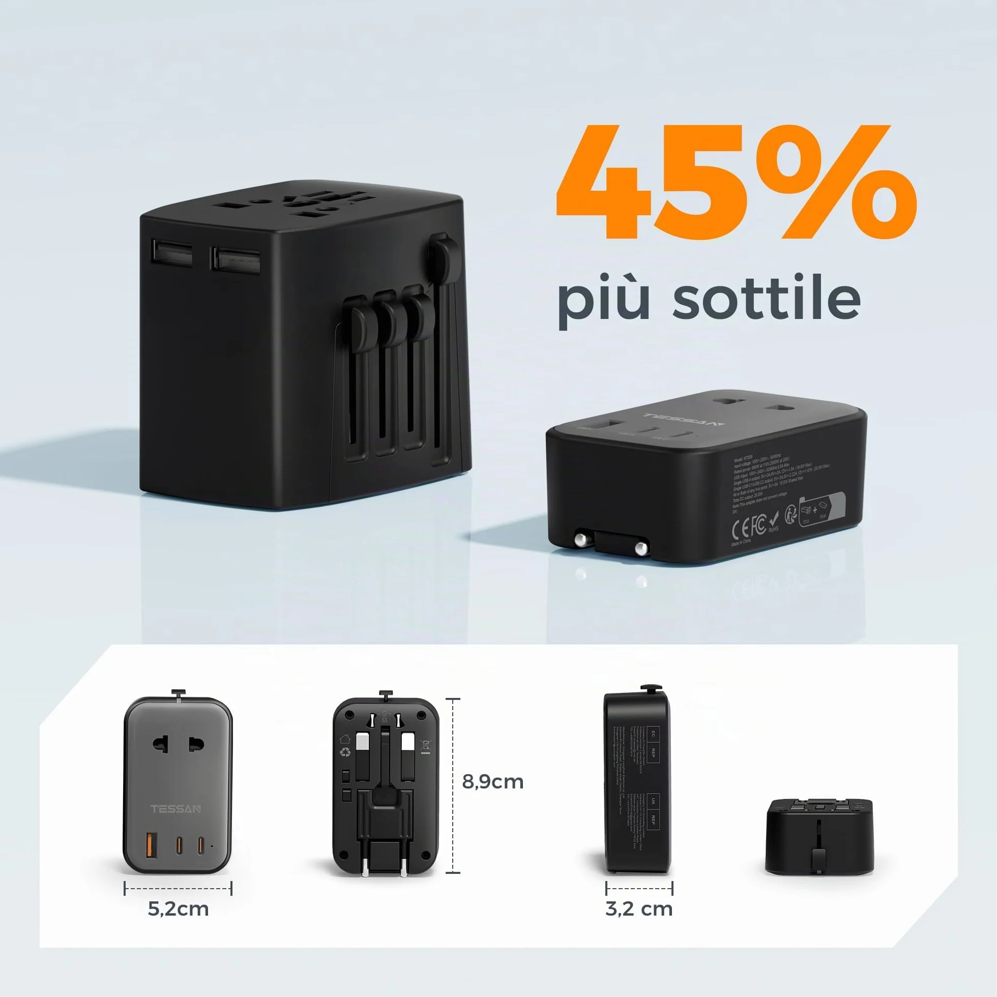 TESSAN Adattatore Universale da Viaggio con 2 USB C PD 20W e 1 USB A, Worldwide Travel Adapter per Presa Inglese Americana Australia Thailandia Giappone