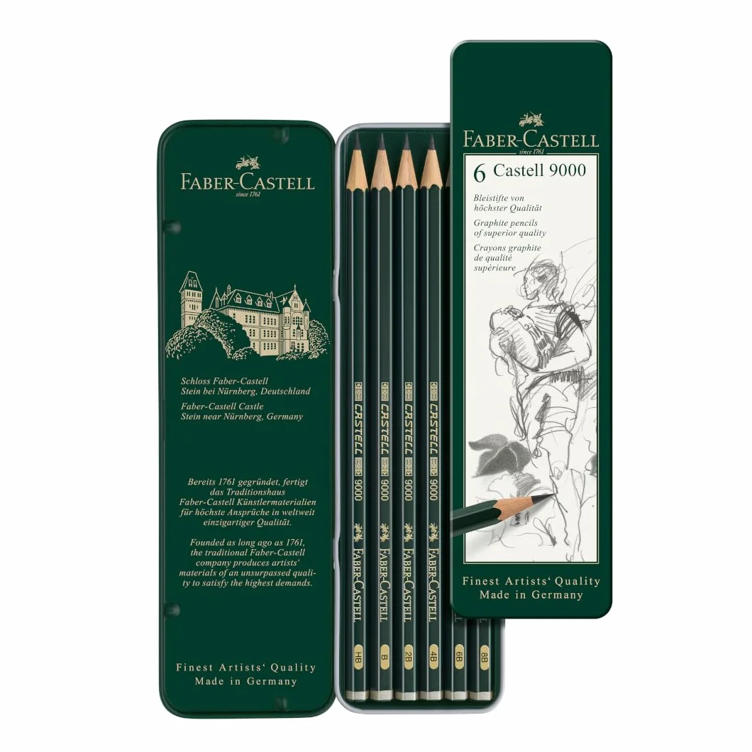 Faber-Castell Castell 9000 Set di 6 Matite, Gradazioni Hb-8B, Grafite per Schizzi e Disegno