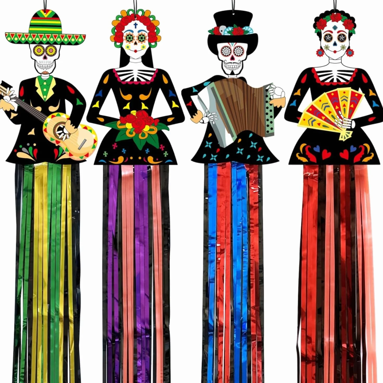 4 Pezzi Decorazioni Appese Teschio di Zucchero – Dia de los Muertos, Halloween, Altar Ofrenda, Feste Messicane, Decorazione da Parete e Giardino con Nappe