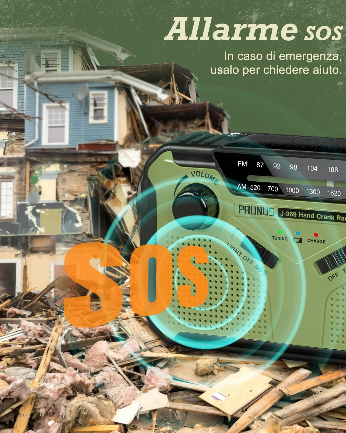 PRUNUS J-369 Radio Portatile Emergenza FM/AM, Radiolina a Manovella Dinamo, Solare con Batteria 3000 mAh, Allarme SOS, Torcia, Verde