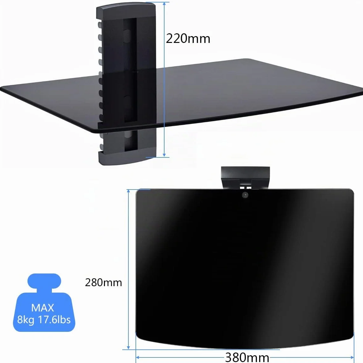 Suptek Supporto da Parete per Lettori DVD e Console TV con Ripiano in Vetro Nero CS201