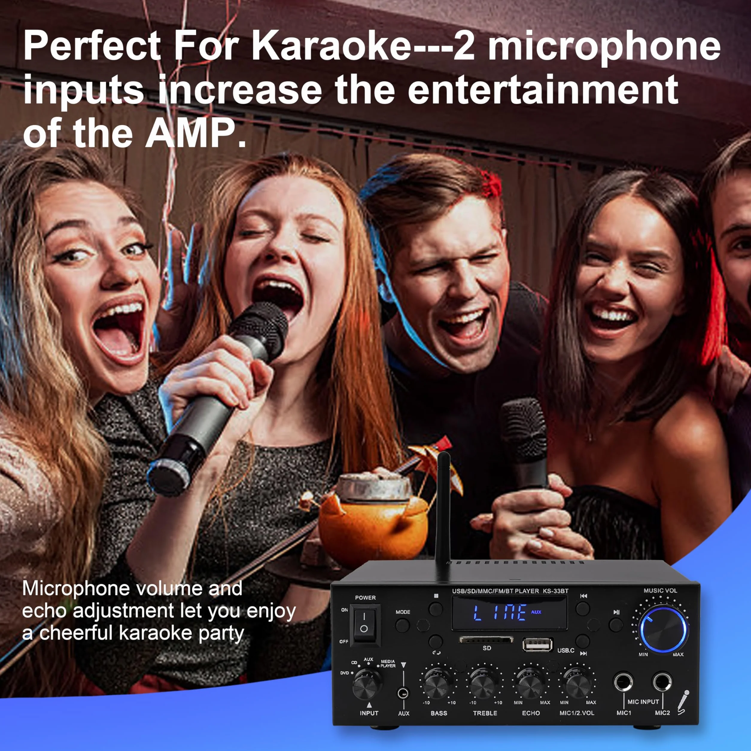 Amplificatore HiFi Audio Stereo BT Portatile 500W+500W 2CH LCD Radio 12V/220V con Telecomando