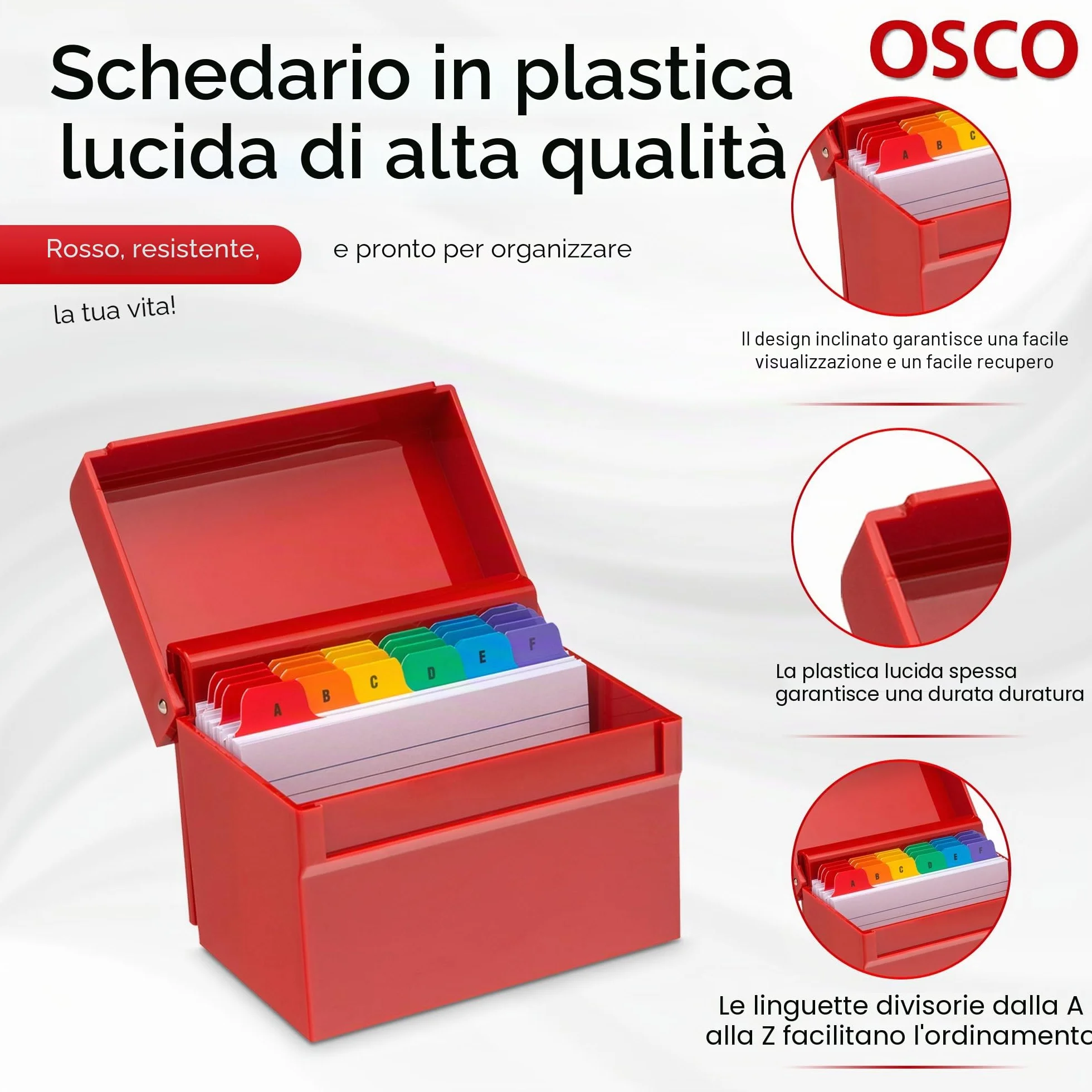 Osco AIBOX-RED Red Hi-Gloss Index Box 100 Cards Coloured Tabs