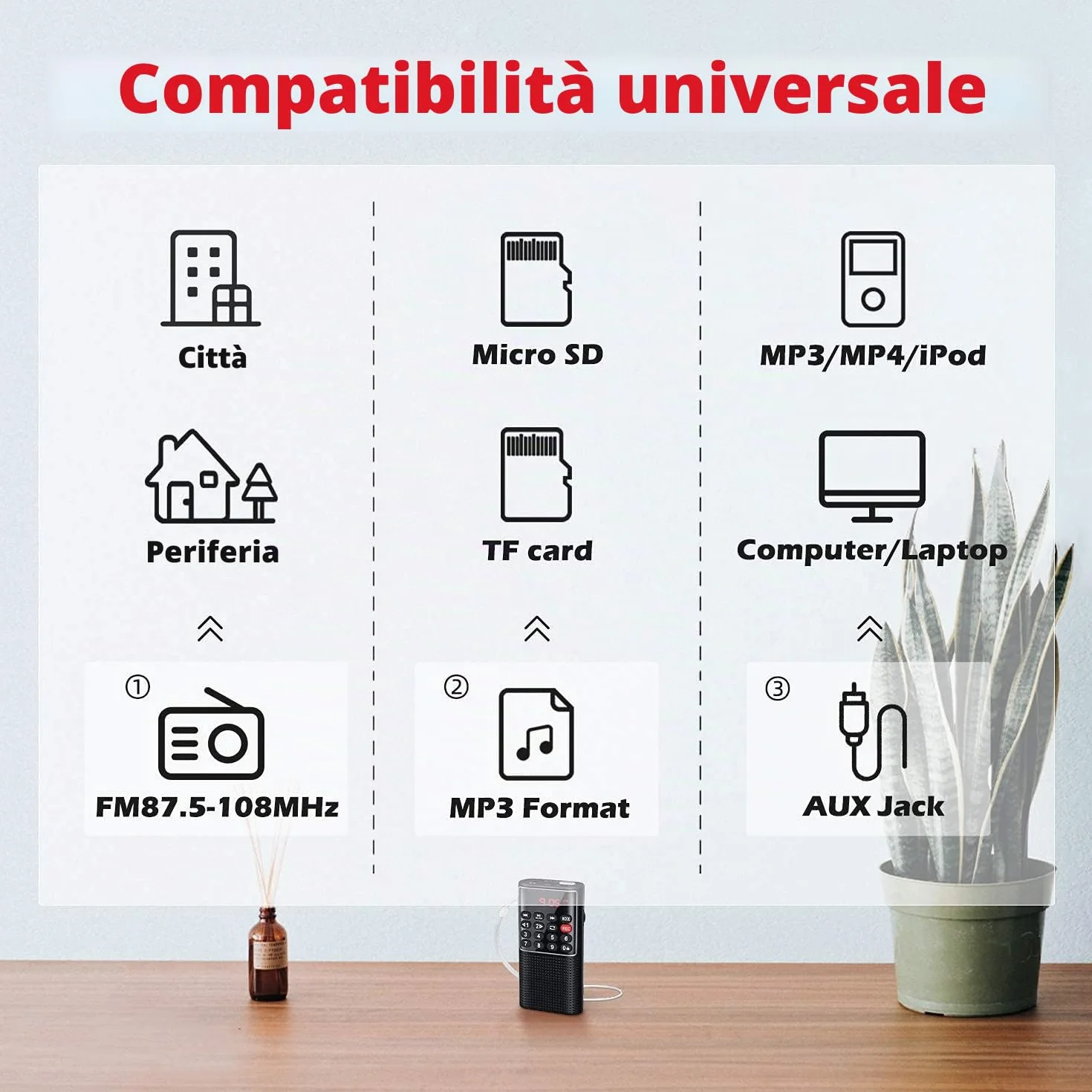 PRUNUS J-328 Mini Radio Portatile FM Walkman Digitale con Registratore, Lettore MP3, Batteria Ricaricabile, Nero