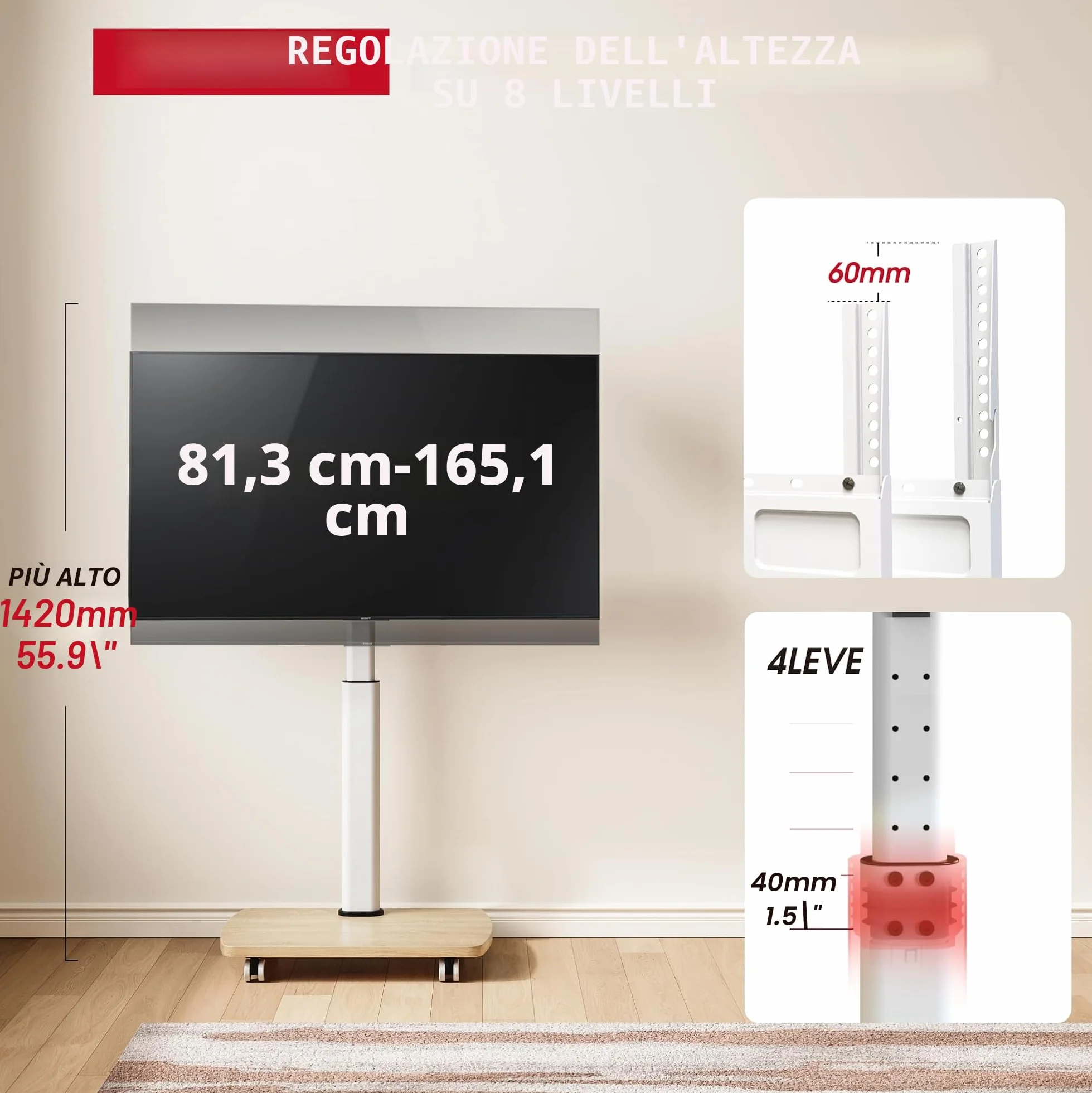 AOKCOS Supporto TV con ruote 32-65 pollici, Altezza regolabile Girevole, VESA 400x400 mm 40kg